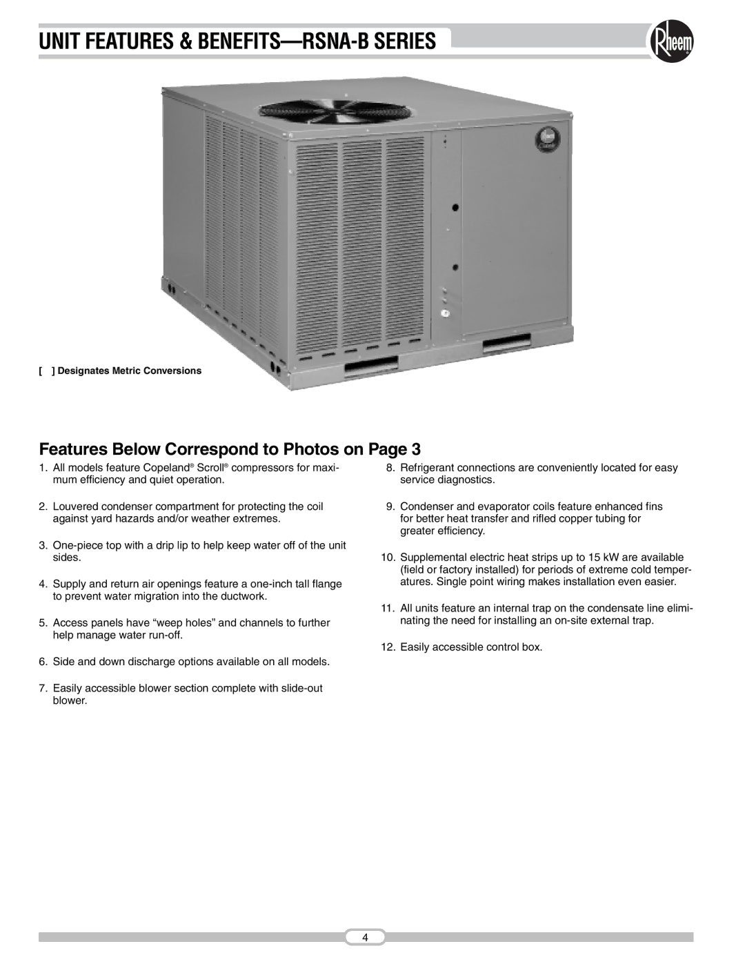 Rheem manual Unit Features & BENEFITS-RSNA-B Series, Designates Metric Conversions 