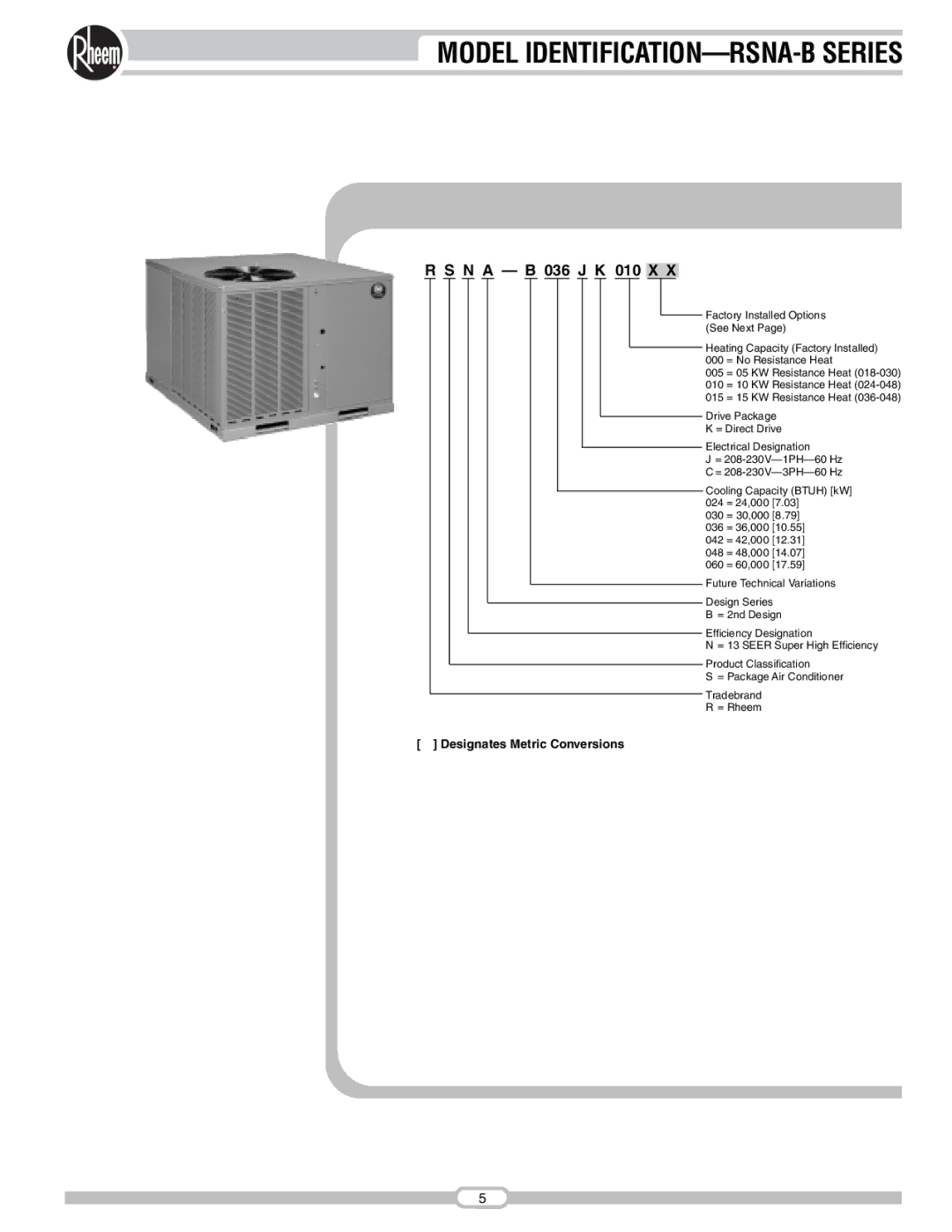 Rheem manual Model IDENTIFICATION-RSNA-B Series 