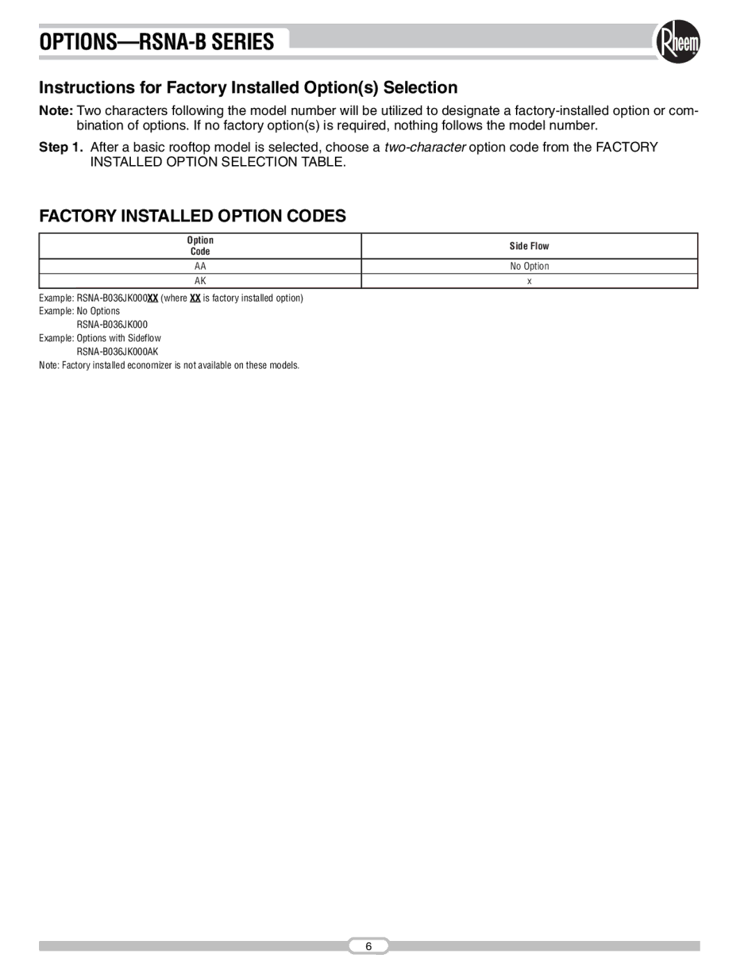 Rheem manual OPTIONS-RSNA-B Series, Factory Installed Option Codes, Option Side Flow 