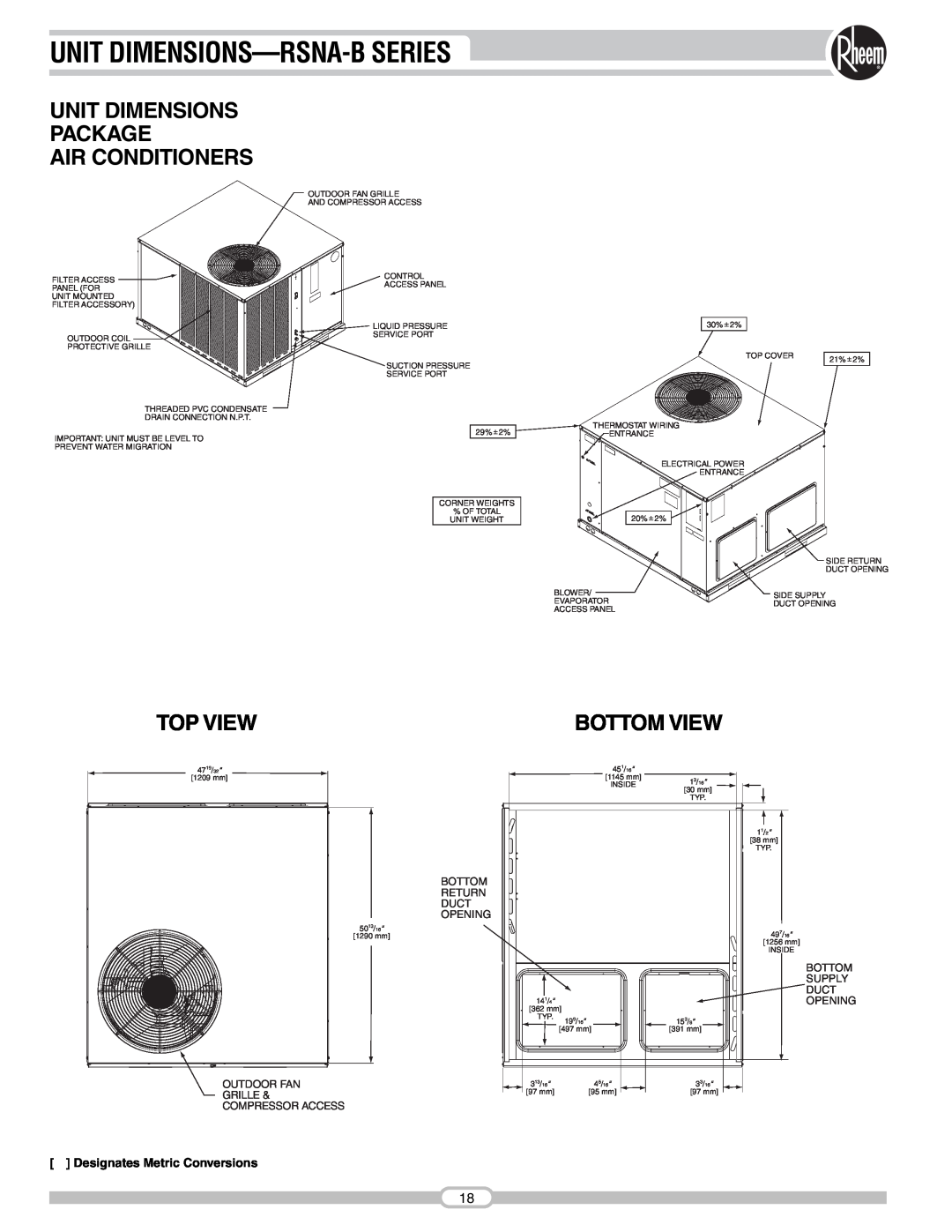 Rheem RSNA-B Series manual Unit Dimensions-Rsna-Bseries, Air Conditioners, Top View, Unit Dimensions Package, Bottom View 