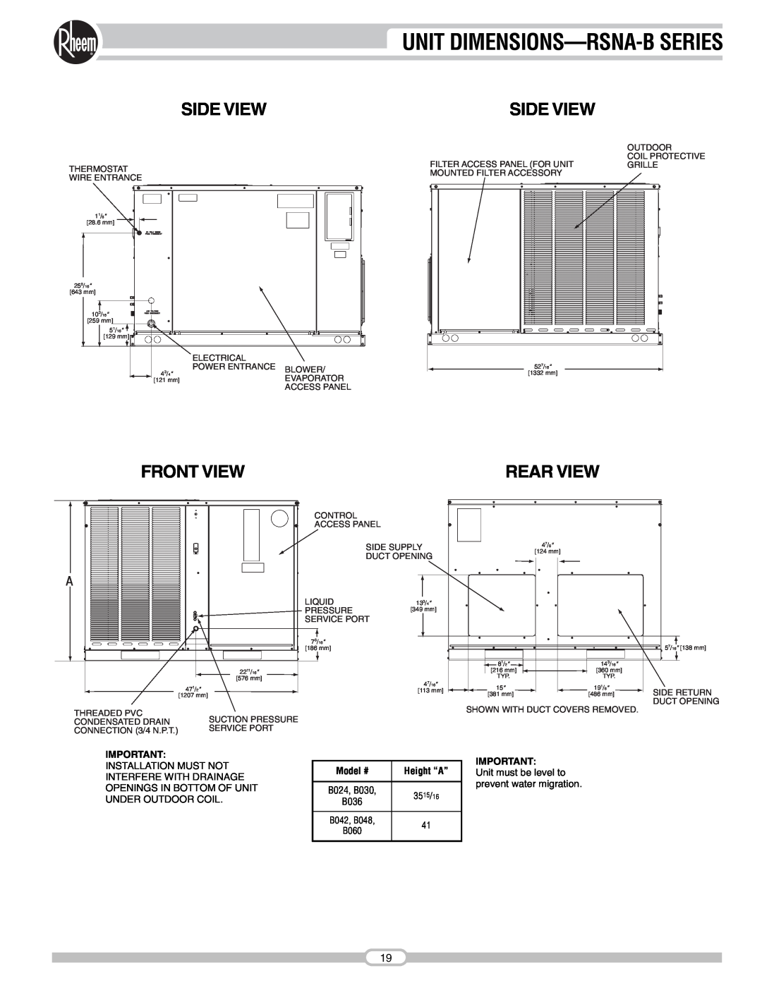 Rheem RSNA-B Series manual Unit Dimensions-Rsna-Bseries, Side View, Front View, Rear View 