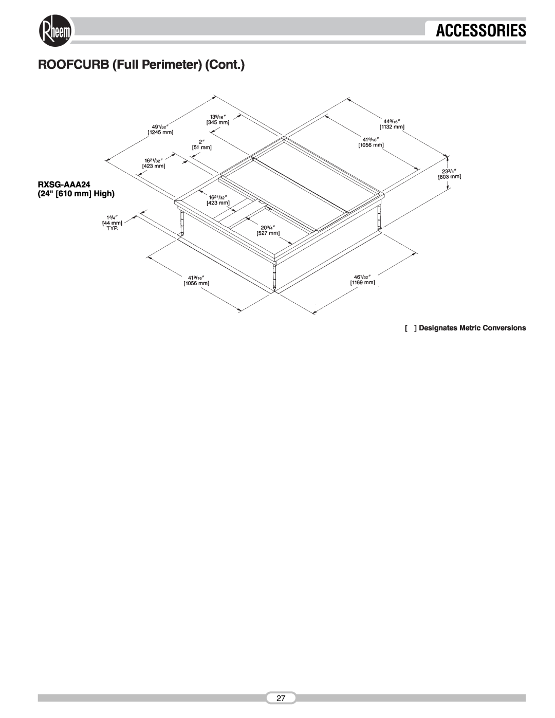 Rheem RSNA-B Series manual ROOFCURB Full Perimeter Cont, Accessories, RXSG-AAA24 24 610 mm High 