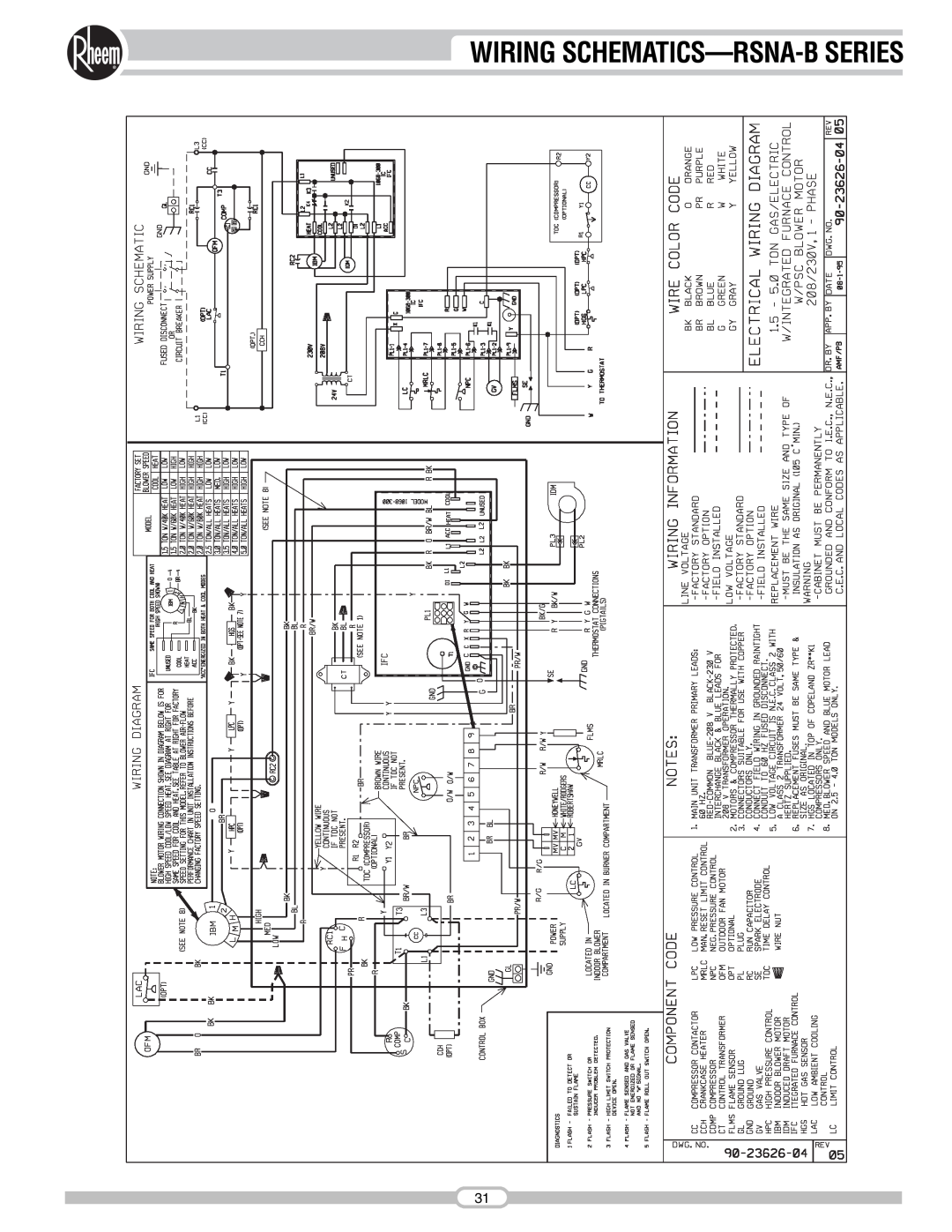 Rheem RSNA-B Series manual Wiring Schematics—Rsna-Bseries 