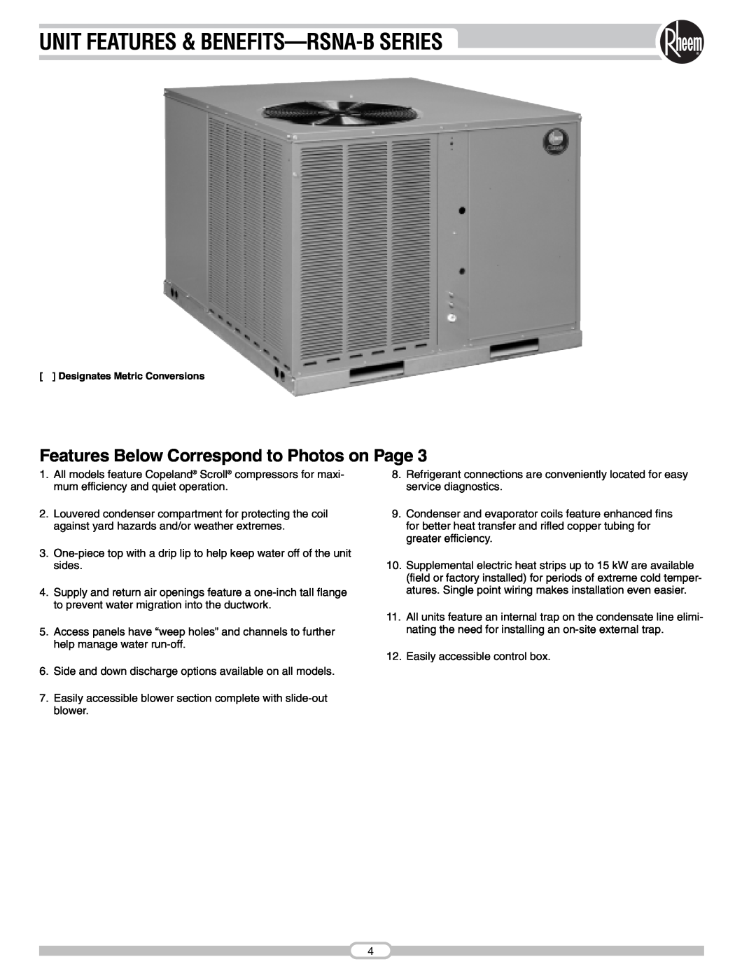 Rheem RSNA-B Series manual Unit Features & Benefits-Rsna-Bseries, Features Below Correspond to Photos on Page 