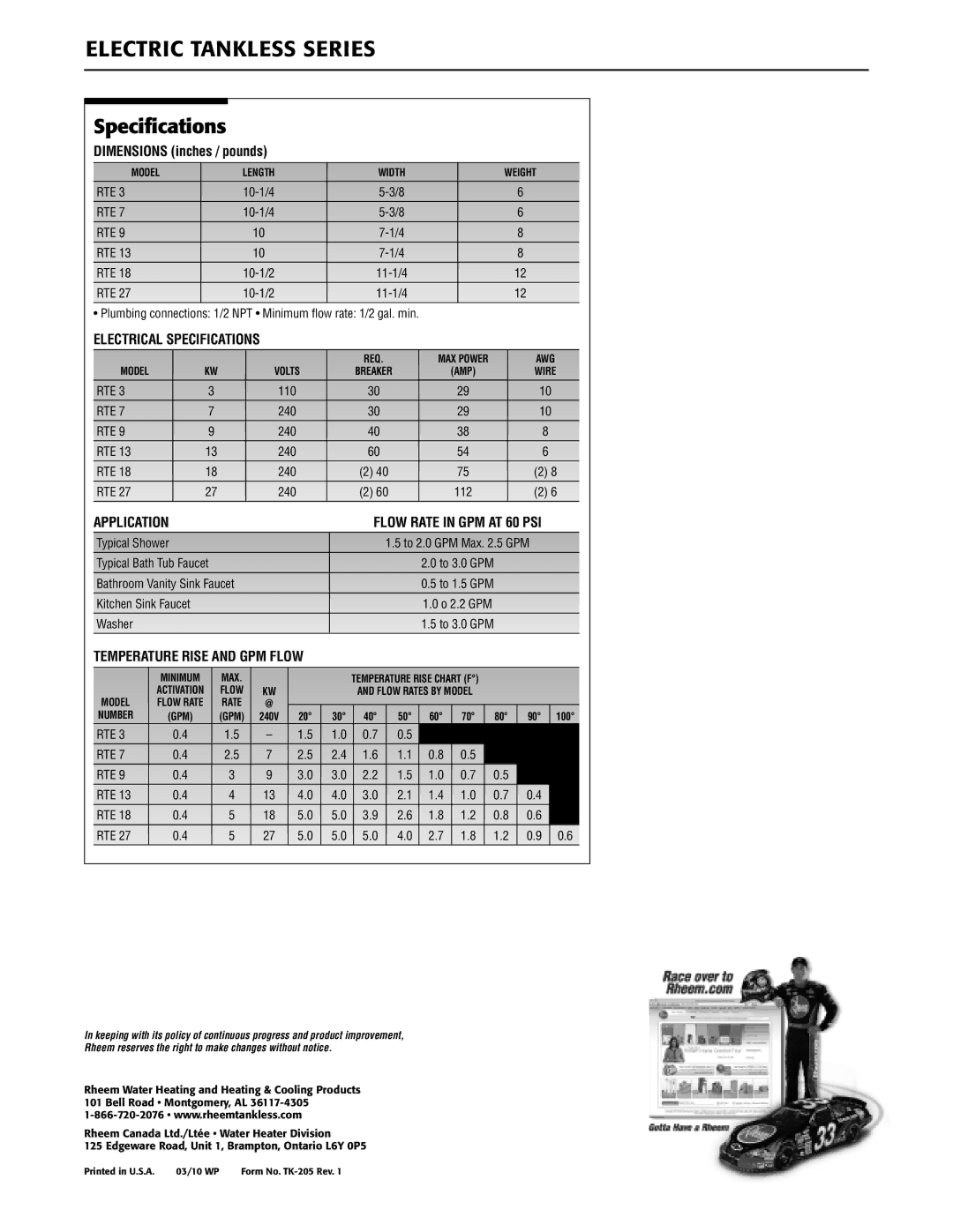 Rheem RTE 13 warranty Electric Tankless Series, Specifications 