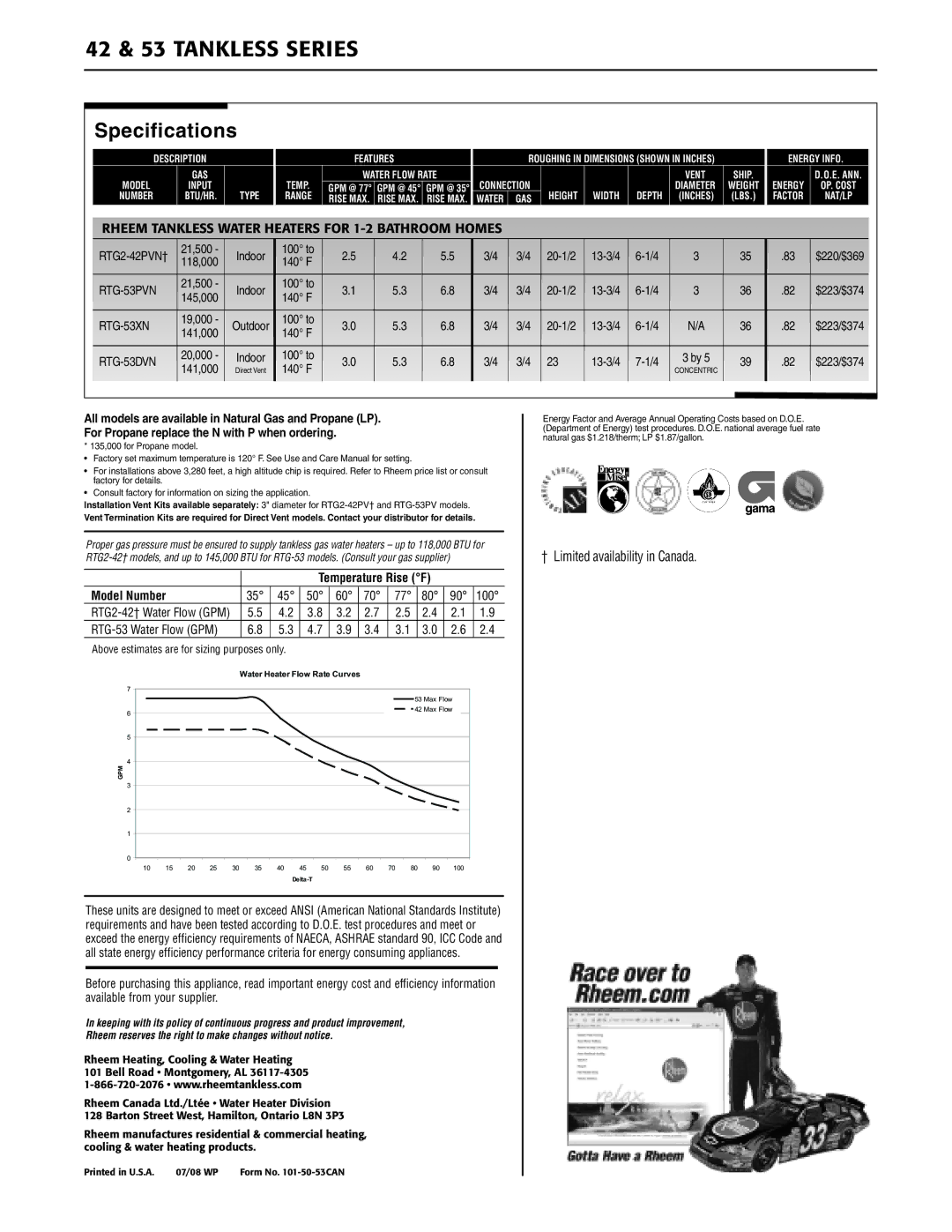 Rheem RTG-53DV, RTG-53X, RTG-53PV warranty Specifications, Model Number 