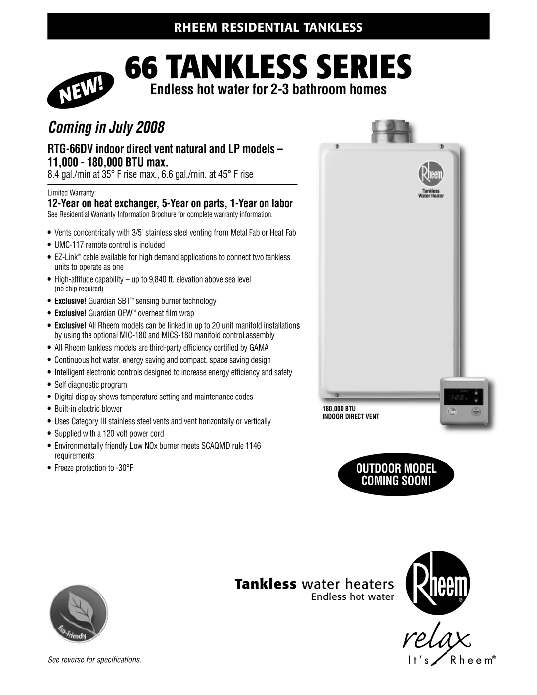 Rheem 11, RTG-66DV, 000 BTU max, 000 - 180 warranty Tankless Series 