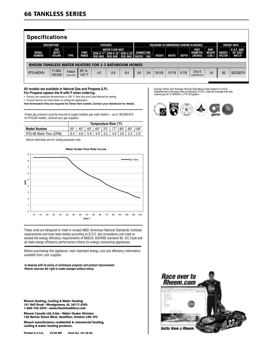 Rheem 000 BTU max, RTG-66DV, 11, 000 - 180 warranty Tankless Series 
