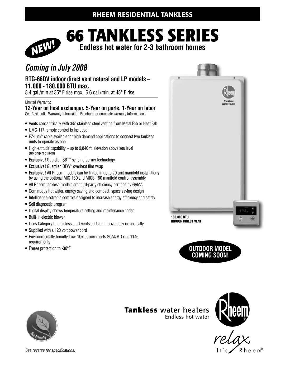Rheem 11 warranty Tankless Series, Coming in July, Endless hot water for 2-3 bathroom homes, Tankless water heaters 