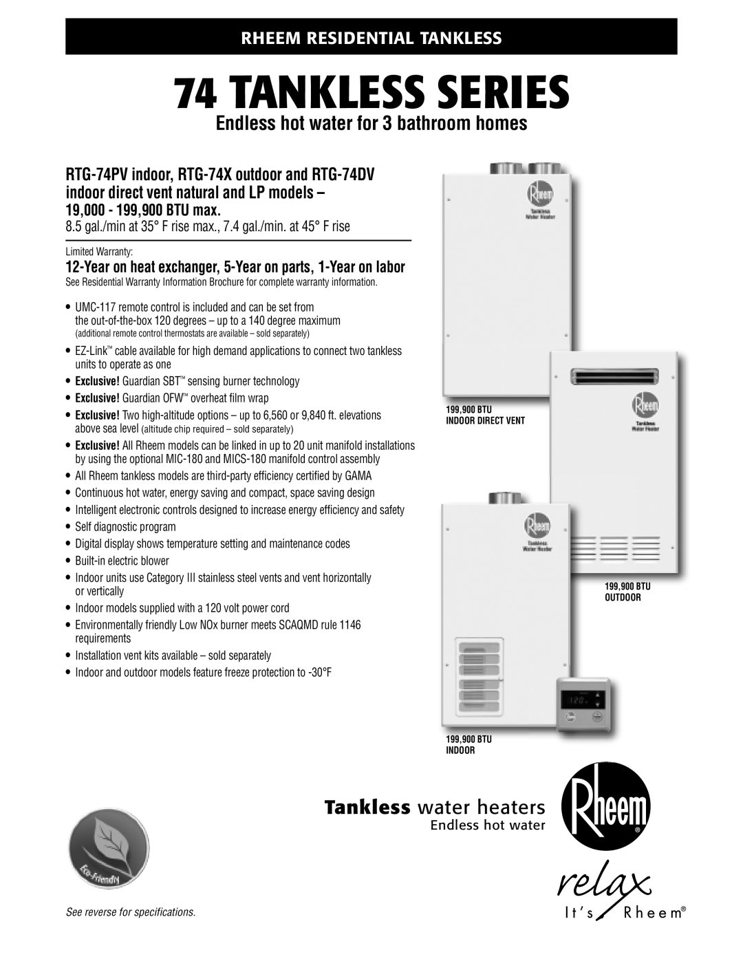 Rheem RTG-74PV, RTG-74X, RTG-74DV warranty Tankless Series, 19,000 199,900 BTU max 