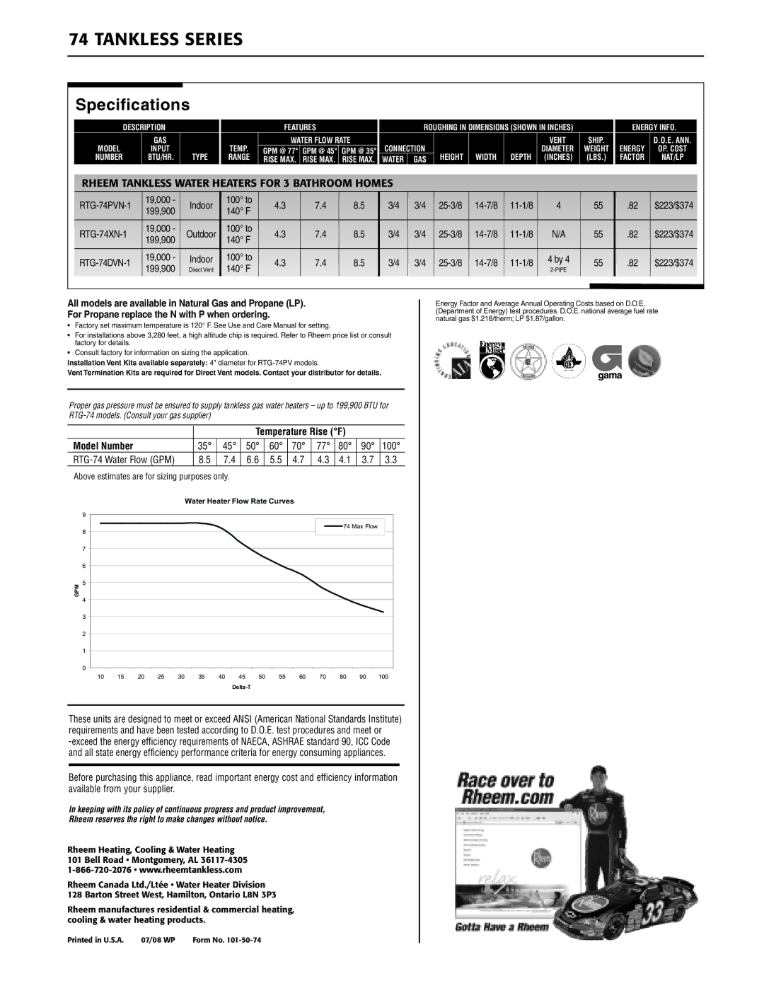 Rheem RTG-74DV, RTG-74X, RTG-74PV, 900 BTU, 199, 000 warranty Tankless Series, Specifications 