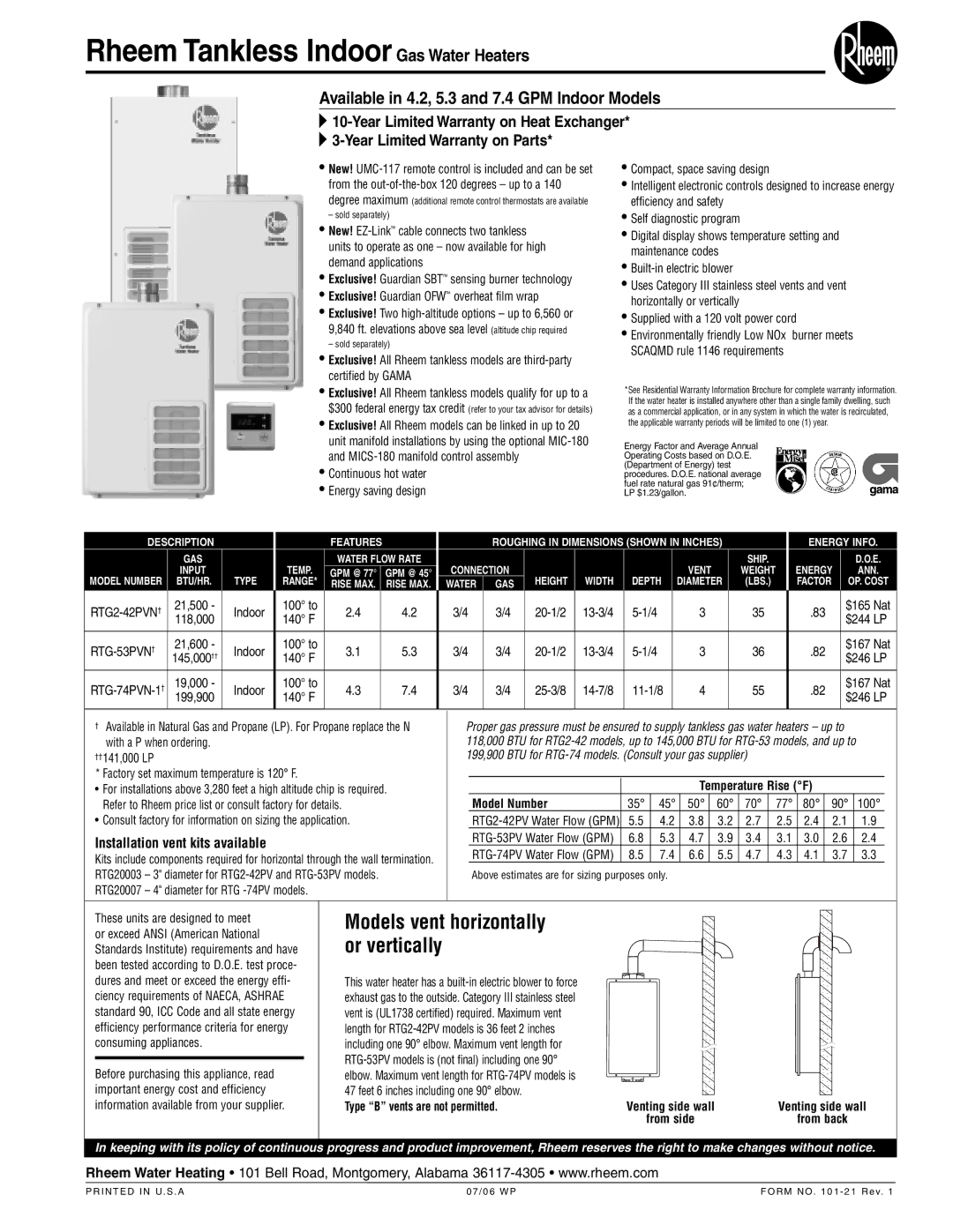 Rheem RTG2-42PV warranty Exclusive! Guardian OFW overheat film wrap, Indoor, 20-1/2, $165 Nat, $244 LP, $167 Nat, $246 LP 