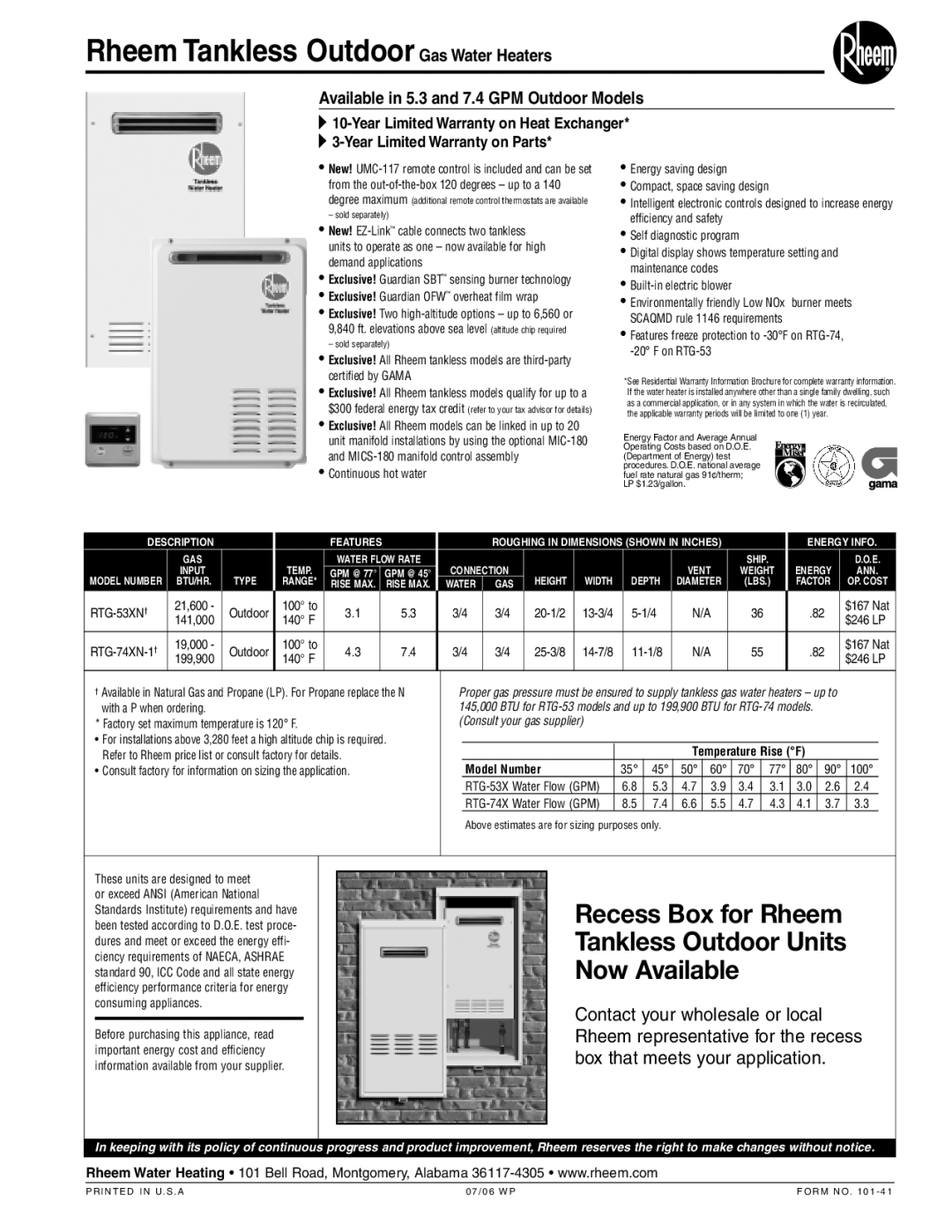 Rheem RTH-74XN-1, RTH-53XN warranty Rheem Tankless Outdoor Gas Water Heaters, Tankless Outdoor Units, Now Available 