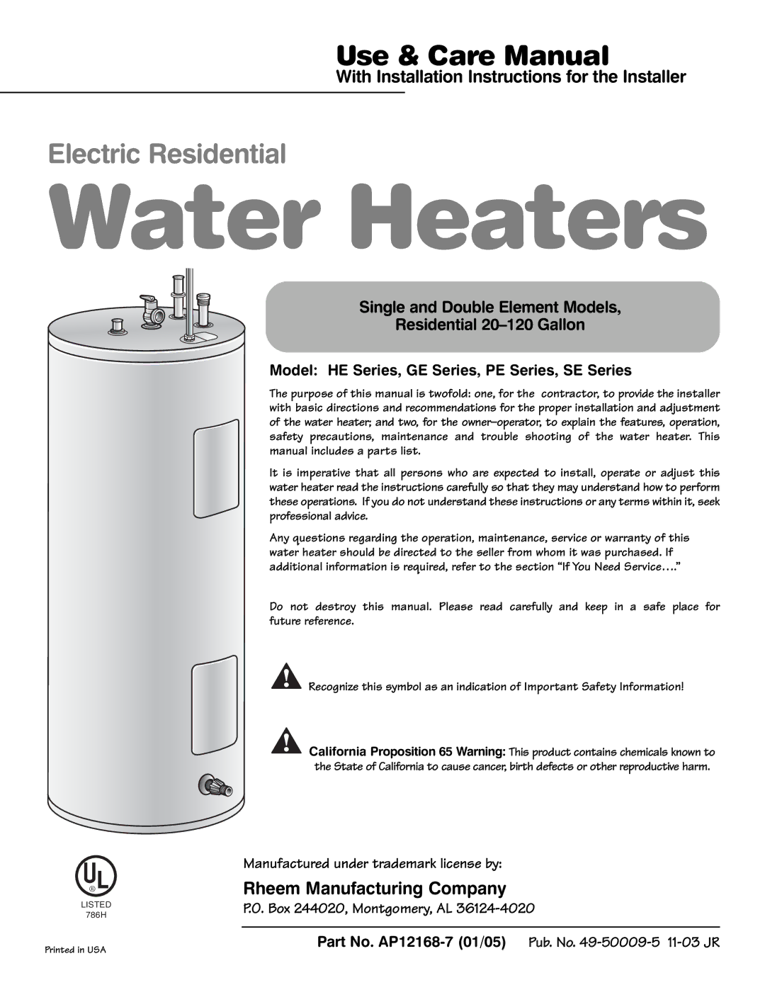 Rheem installation instructions Model HE Series, GE Series, PE Series, SE Series 