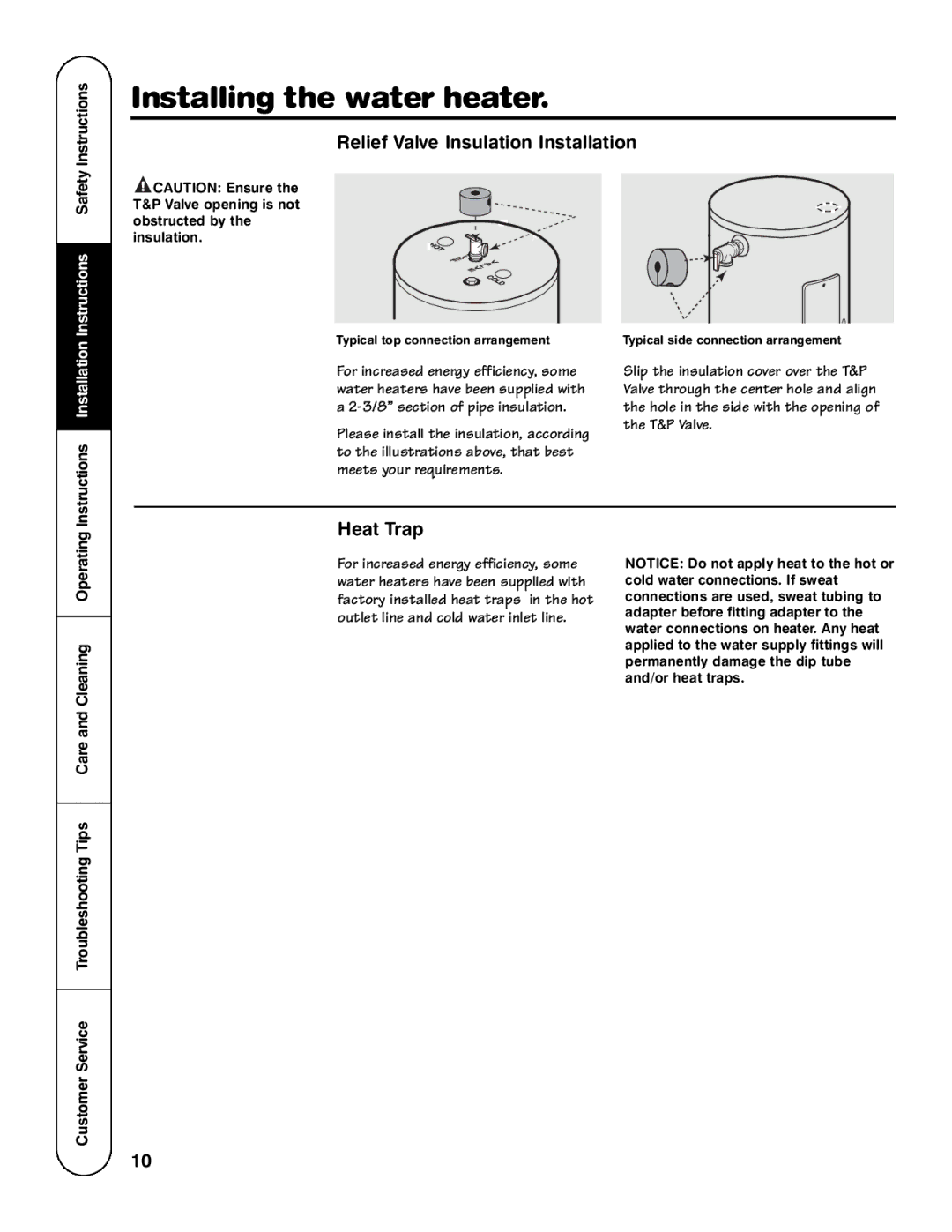 Rheem HE Series, SE Series, PE Series Relief Valve Insulation Installation, Heat Trap, Instructions Safety Instructions 