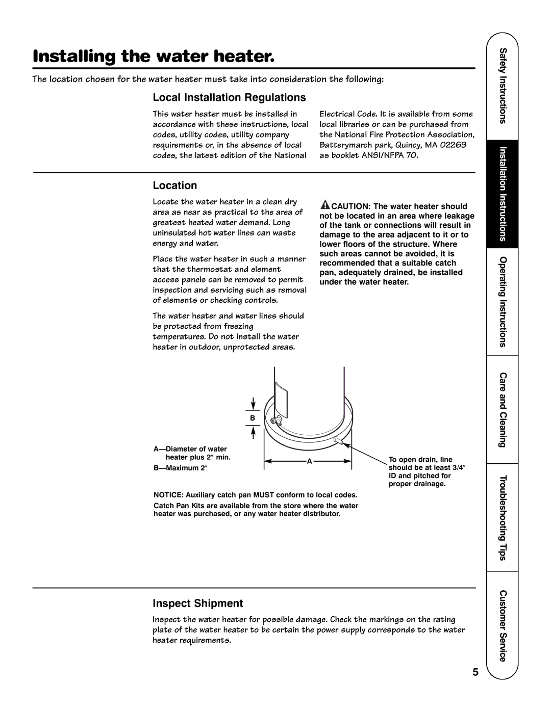 Rheem PE Series, SE Series Installing the water heater, Local Installation Regulations, Location, Inspect Shipment 
