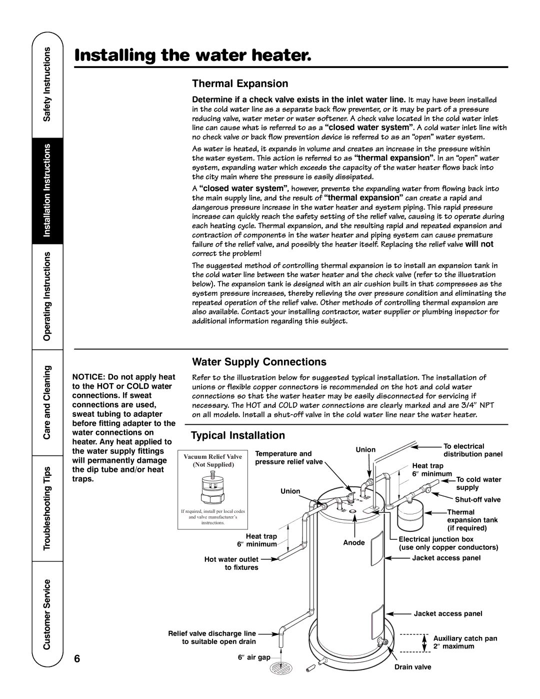 Rheem HE Series, SE Series, PE Series, GE Series Thermal Expansion, Water Supply Connections, Typical Installation 