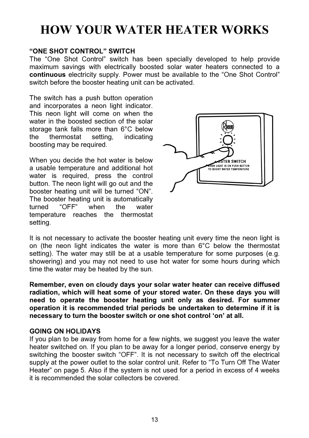 Rheem Solar Loline Conversion Kit Electric Wter Heater installation instructions ONE Shot Control Switch, Going on Holidays 