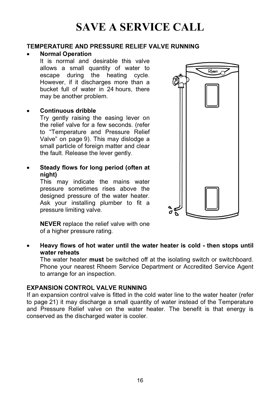 Rheem Solar Loline Conversion Kit Electric Wter Heater Temperature and Pressure Relief Valve Running, Normal Operation 