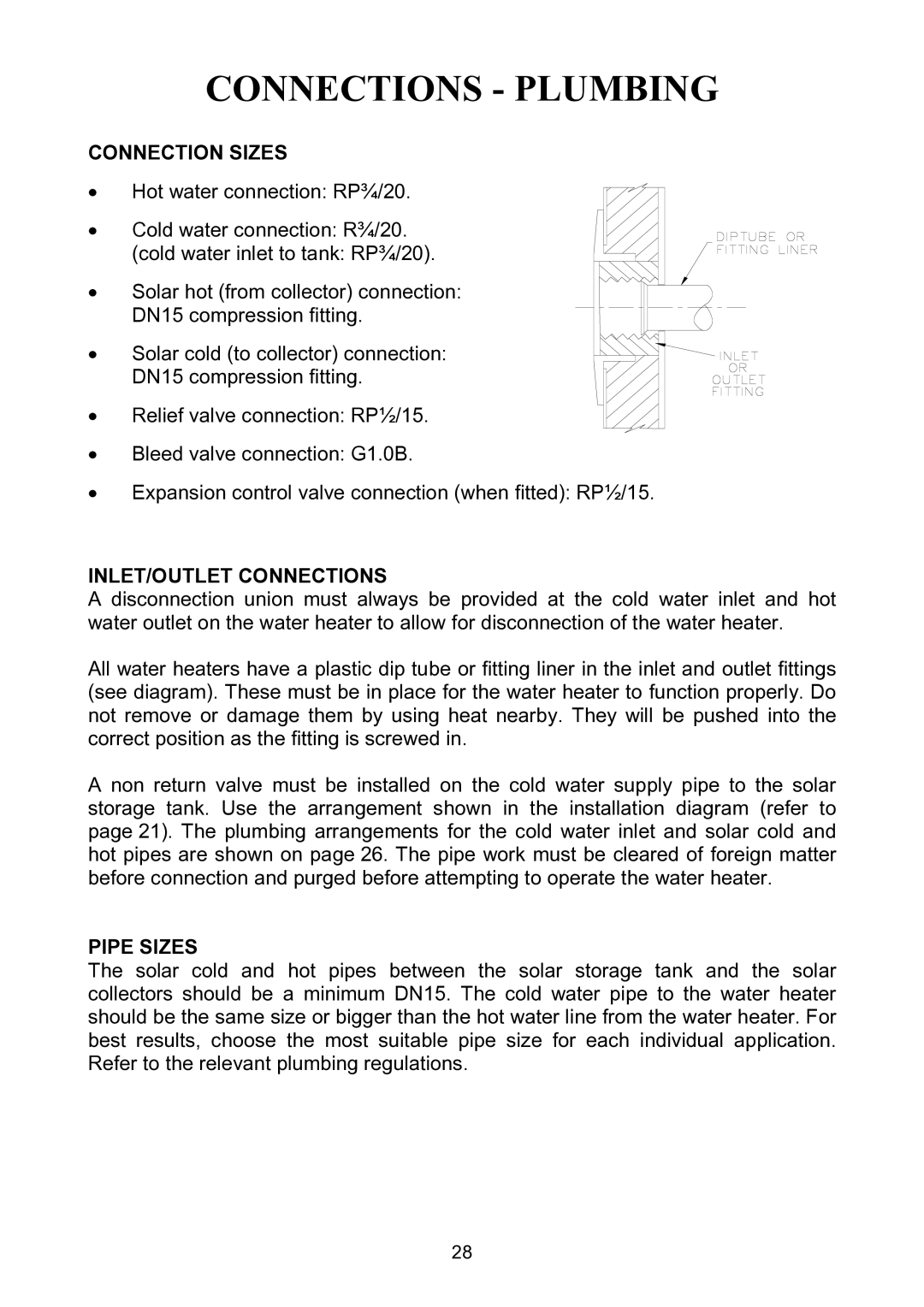 Rheem Solar Loline Conversion Kit Electric Wter Heater Connections Plumbing, Connection Sizes, INLET/OUTLET Connections 