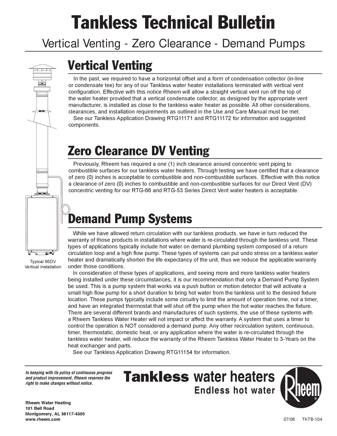 Rheem TKTB-104 warranty Tankless Technical Bulletin, Vertical Venting, Zero Clearance DV Venting, Demand Pump Systems 