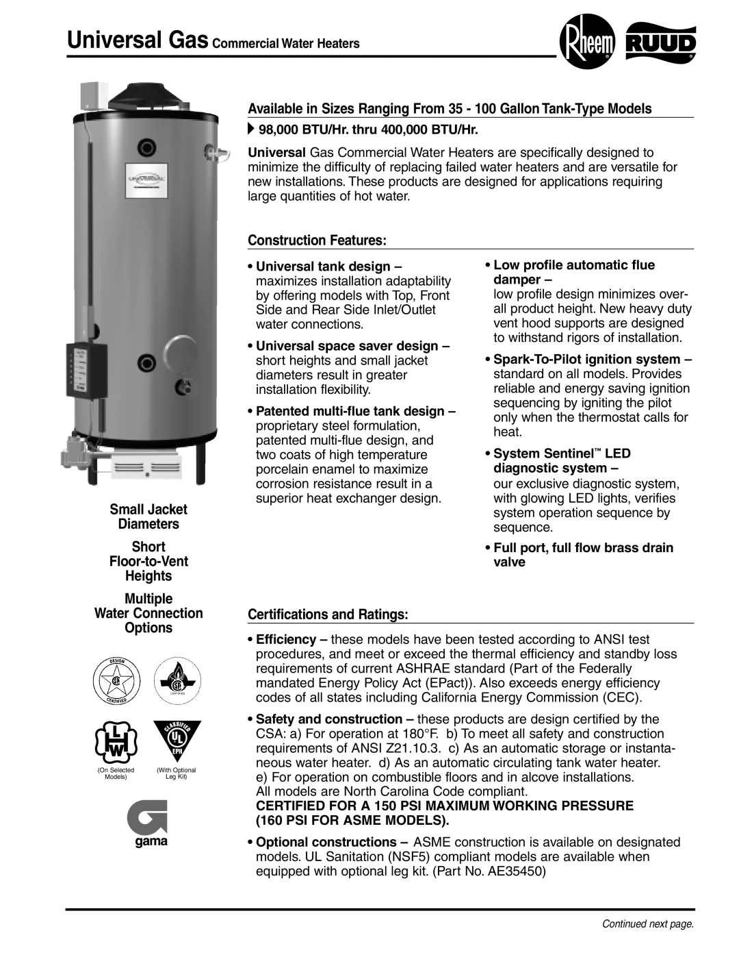 Rheem manual Water Connection Options, Certifications and Ratings, Universal Gas Commercial Water Heaters 