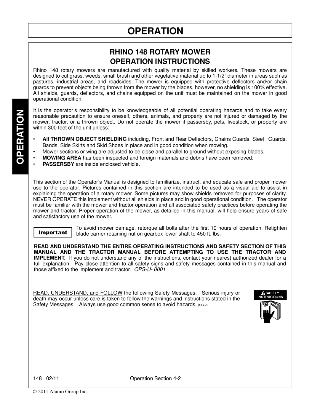 Rhino Mounts manual Rhino 148 Rotary Mower Operation Instructions 