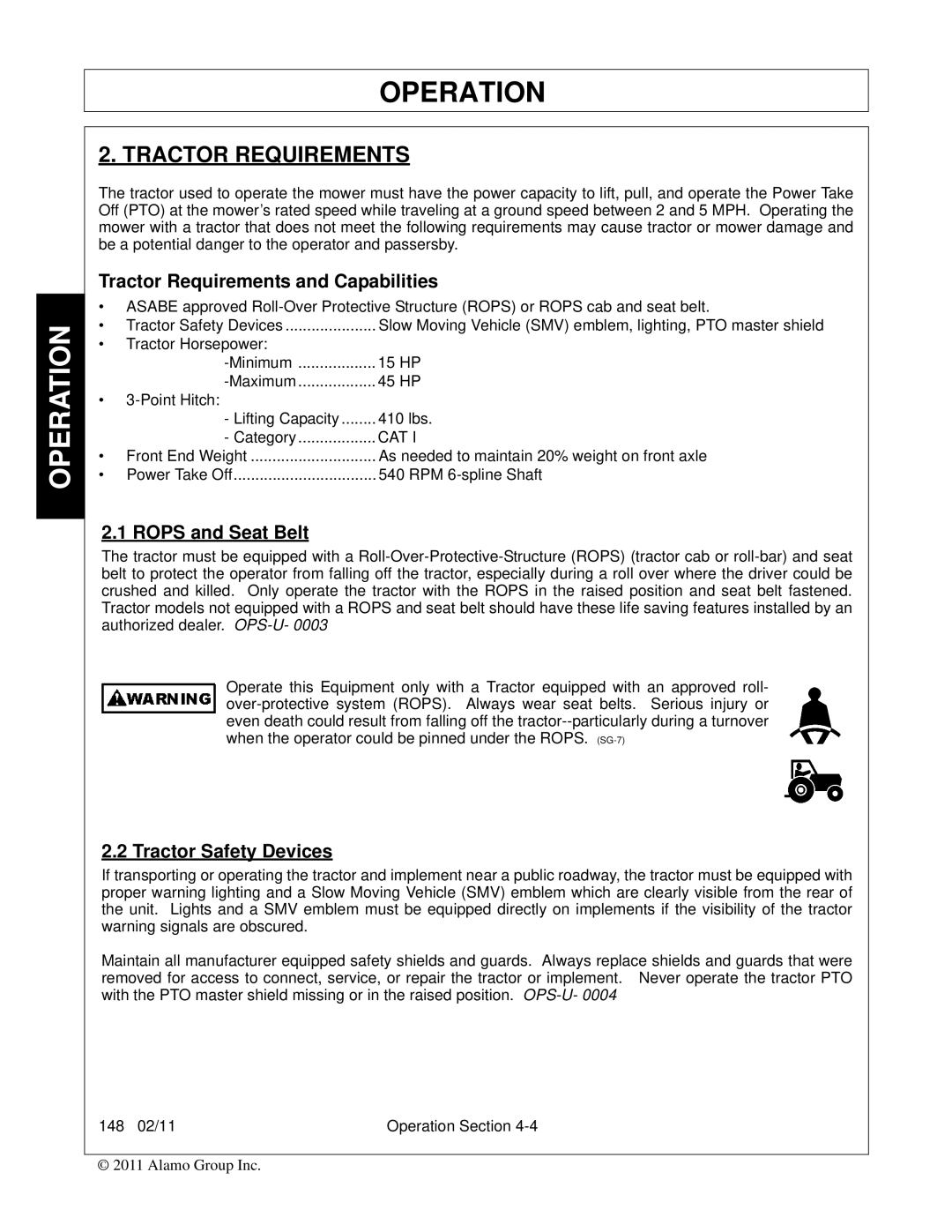 Rhino Mounts 148 manual Tractor Requirements and Capabilities, Rops and Seat Belt, Tractor Safety Devices 