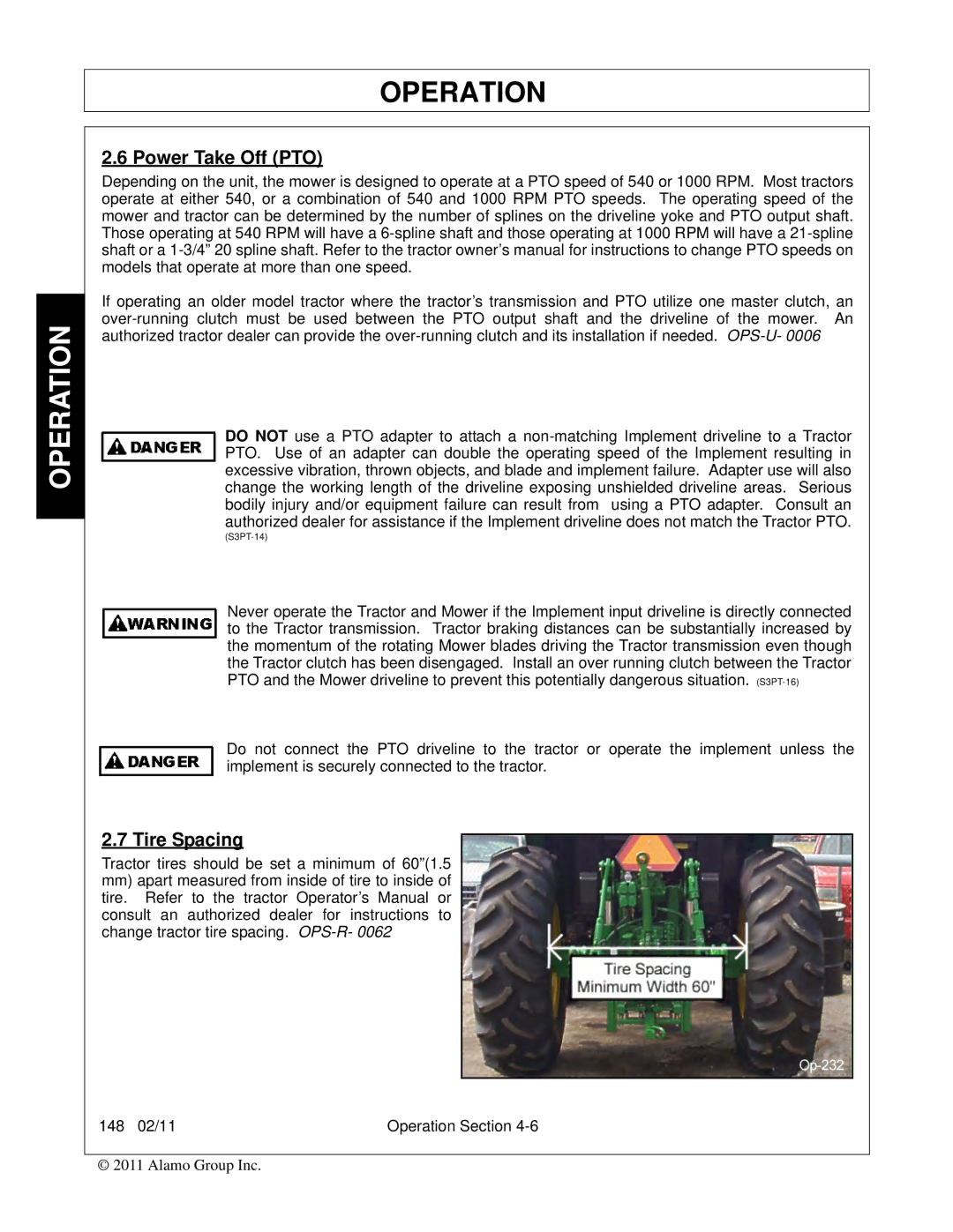 Rhino Mounts 148 manual Power Take Off PTO, Tire Spacing 