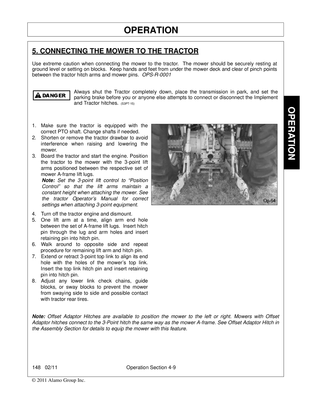 Rhino Mounts 148 manual Connecting the Mower to the Tractor 