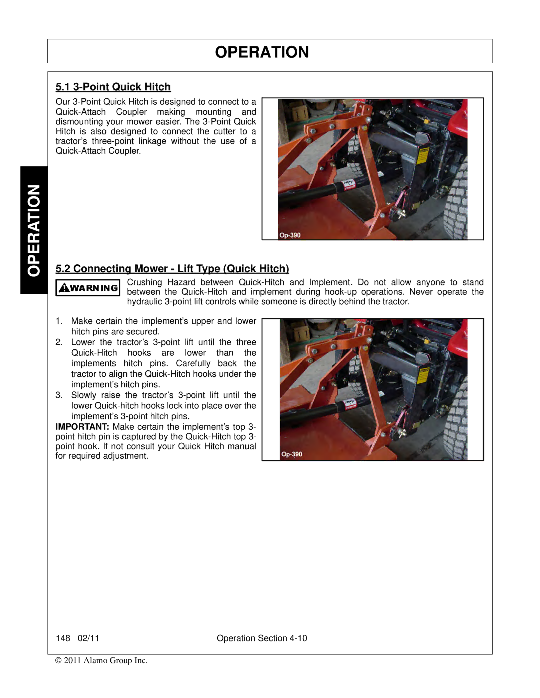 Rhino Mounts 148 manual Point Quick Hitch, Connecting Mower Lift Type Quick Hitch 