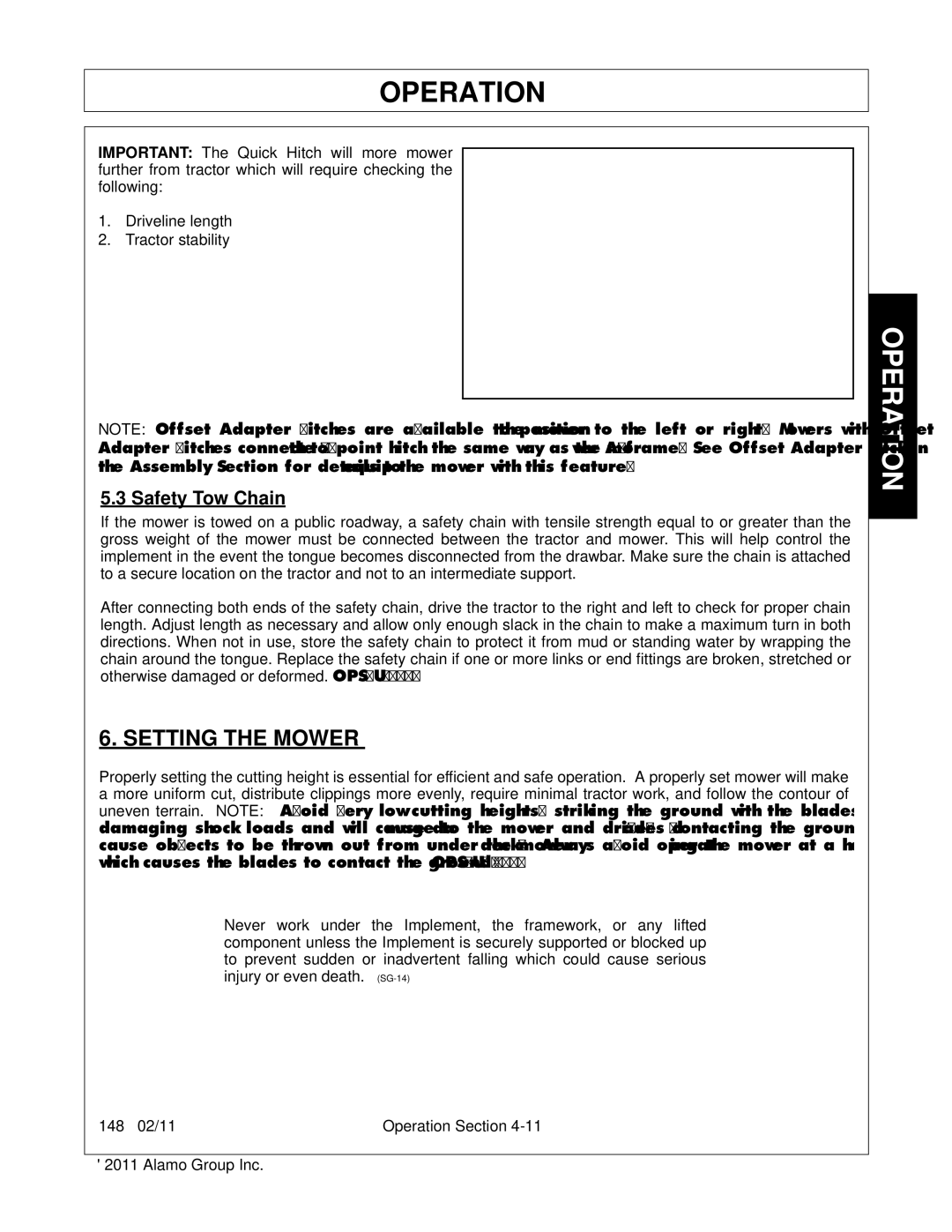 Rhino Mounts 148 manual Setting the Mower, Safety Tow Chain 