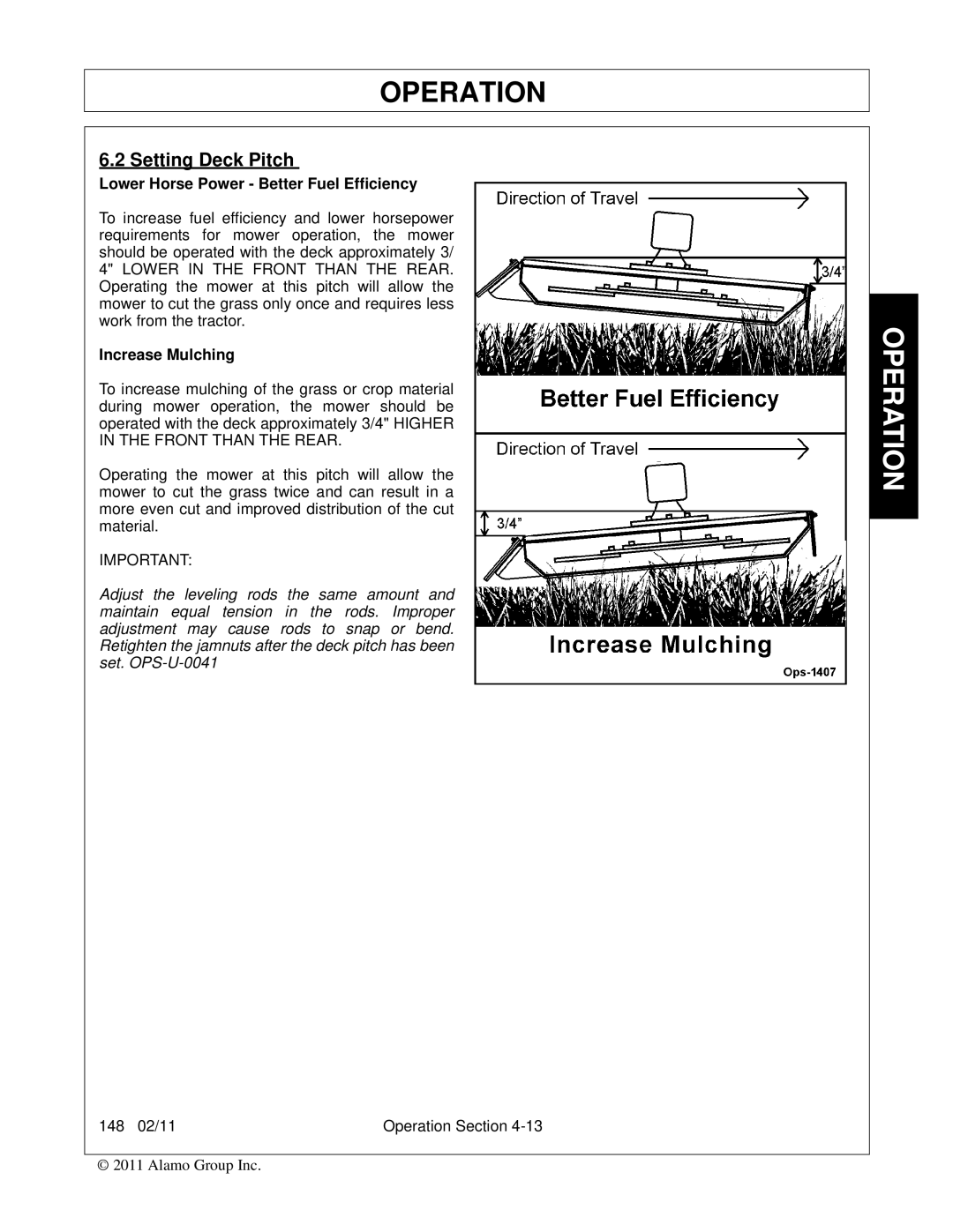 Rhino Mounts 148 manual Setting Deck Pitch, Lower Horse Power Better Fuel Efficiency, Increase Mulching 