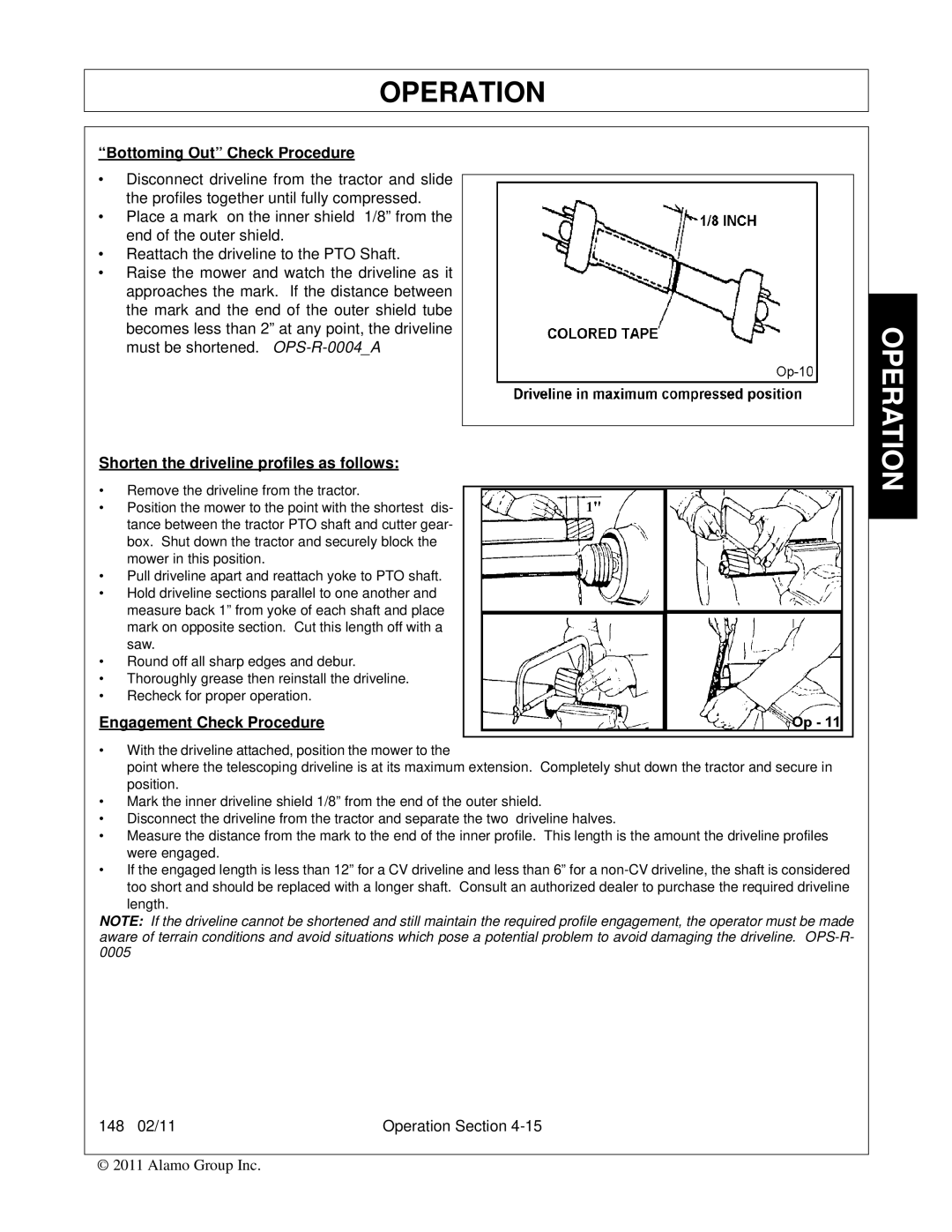 Rhino Mounts 148 Bottoming Out Check Procedure, Shorten the driveline profiles as follows, Engagement Check Procedure 