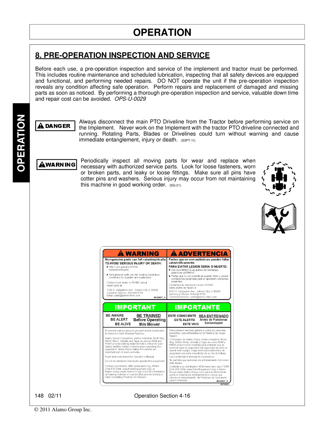 Rhino Mounts 148 manual PRE-OPERATION Inspection and Service 