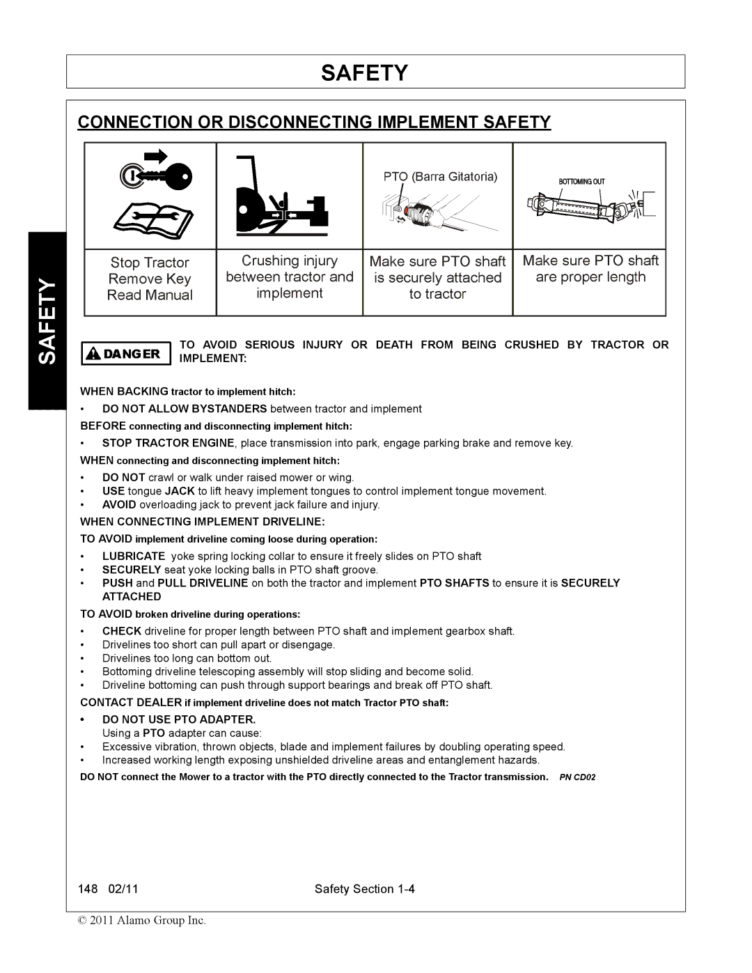 Rhino Mounts 148 manual Connection or Disconnecting Implement Safety, When Connecting Implement Driveline 