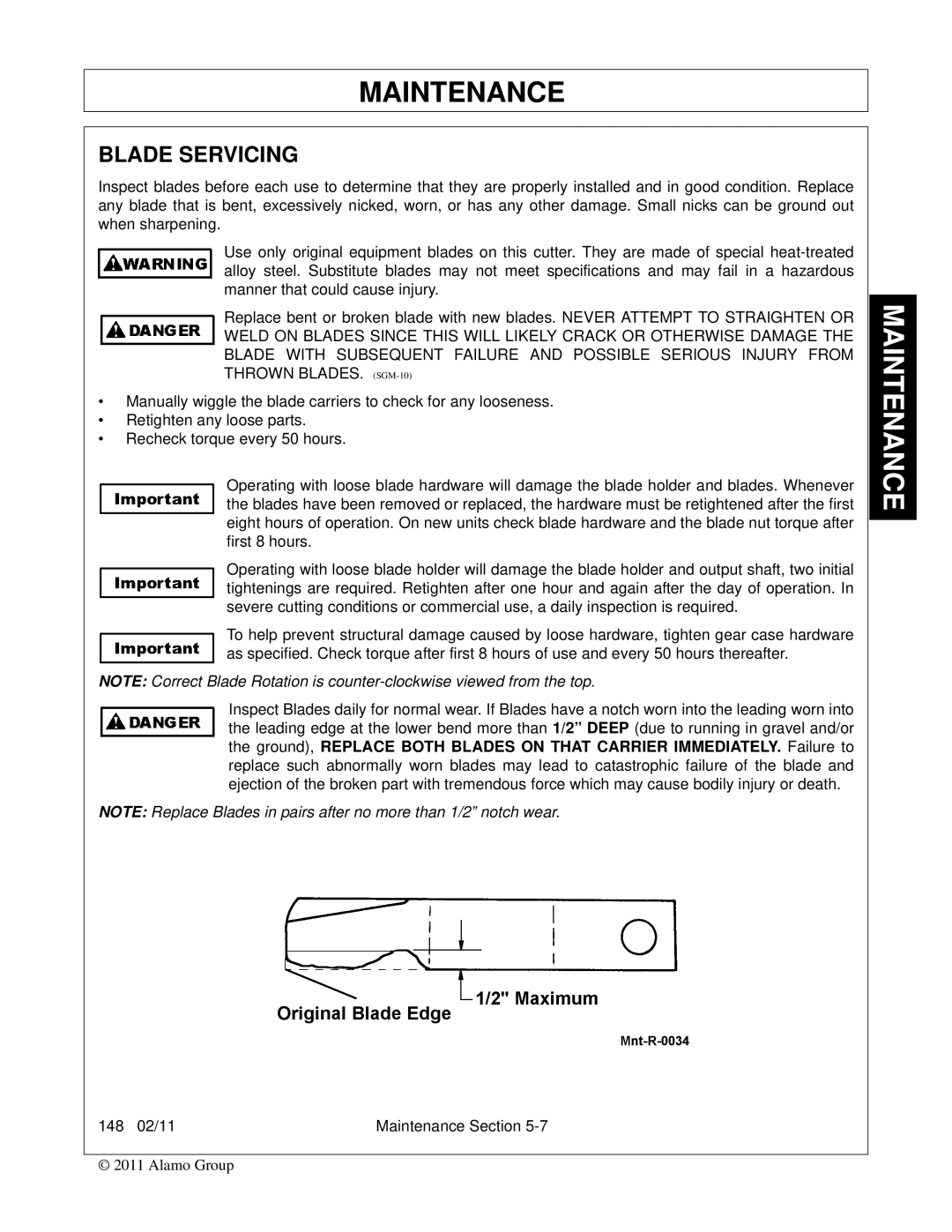 Rhino Mounts 148 manual Blade Servicing 