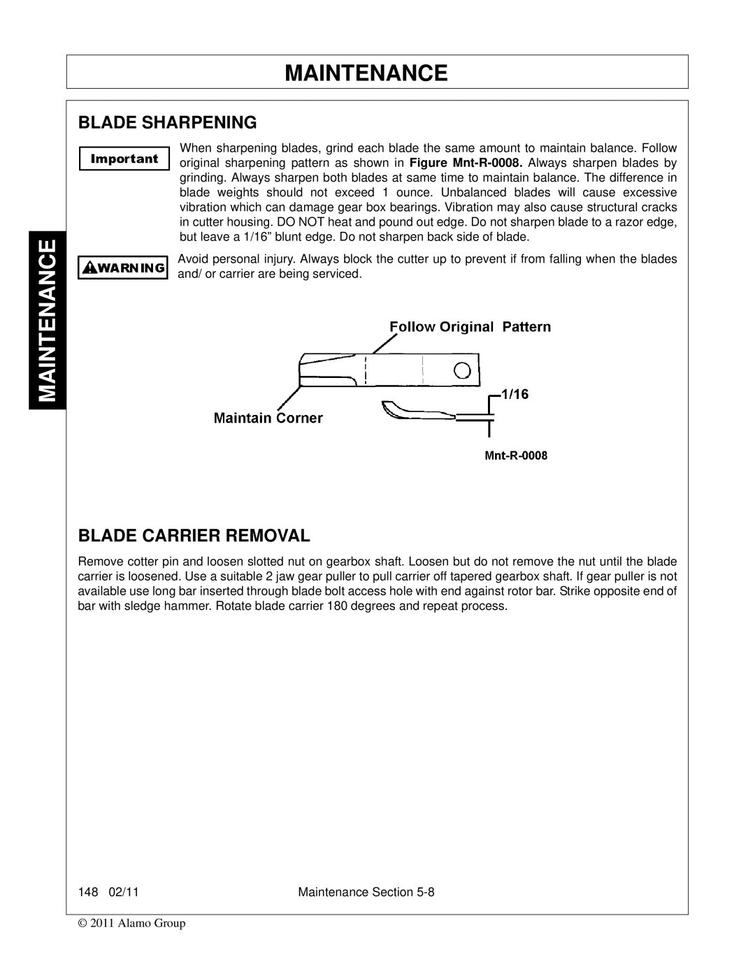 Rhino Mounts 148 manual Blade Sharpening, Blade Carrier Removal 