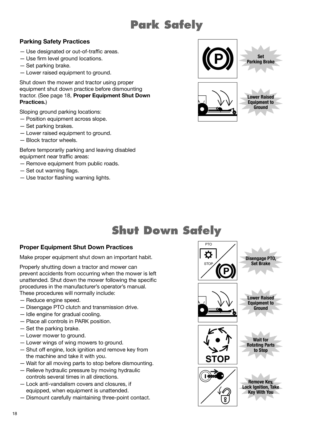 Rhino Mounts 148 manual Park Safely, Shut Down Safely, Parking Safety Practices, Proper Equipment Shut Down Practices 