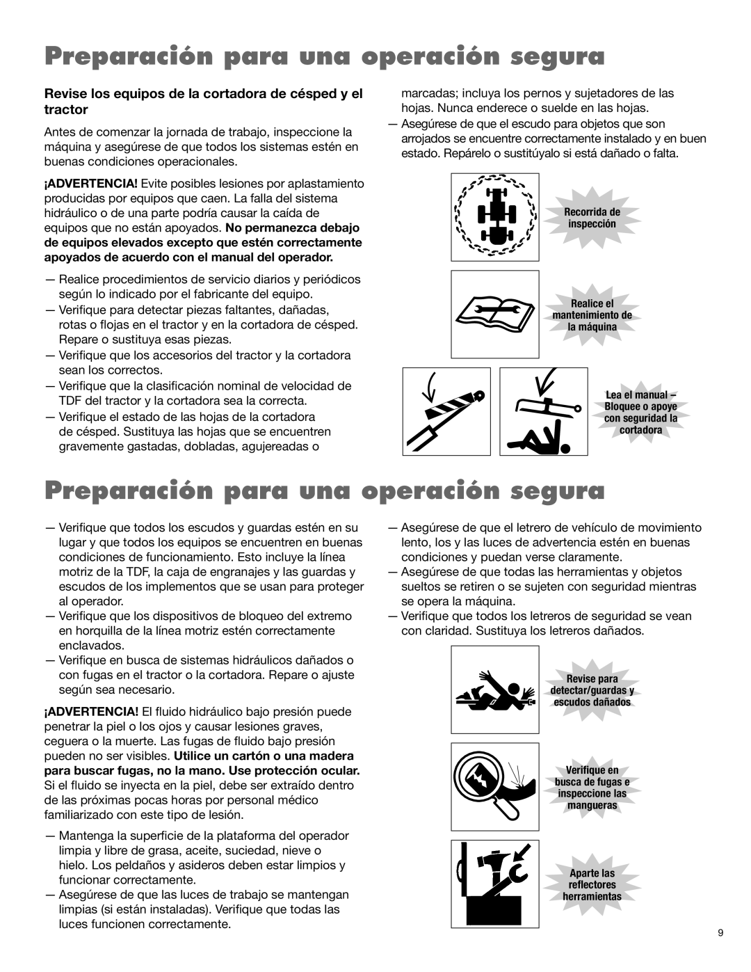 Rhino Mounts 148 manual Preparación para una operación segura, Revise los equipos de la cortadora de césped y el tractor 