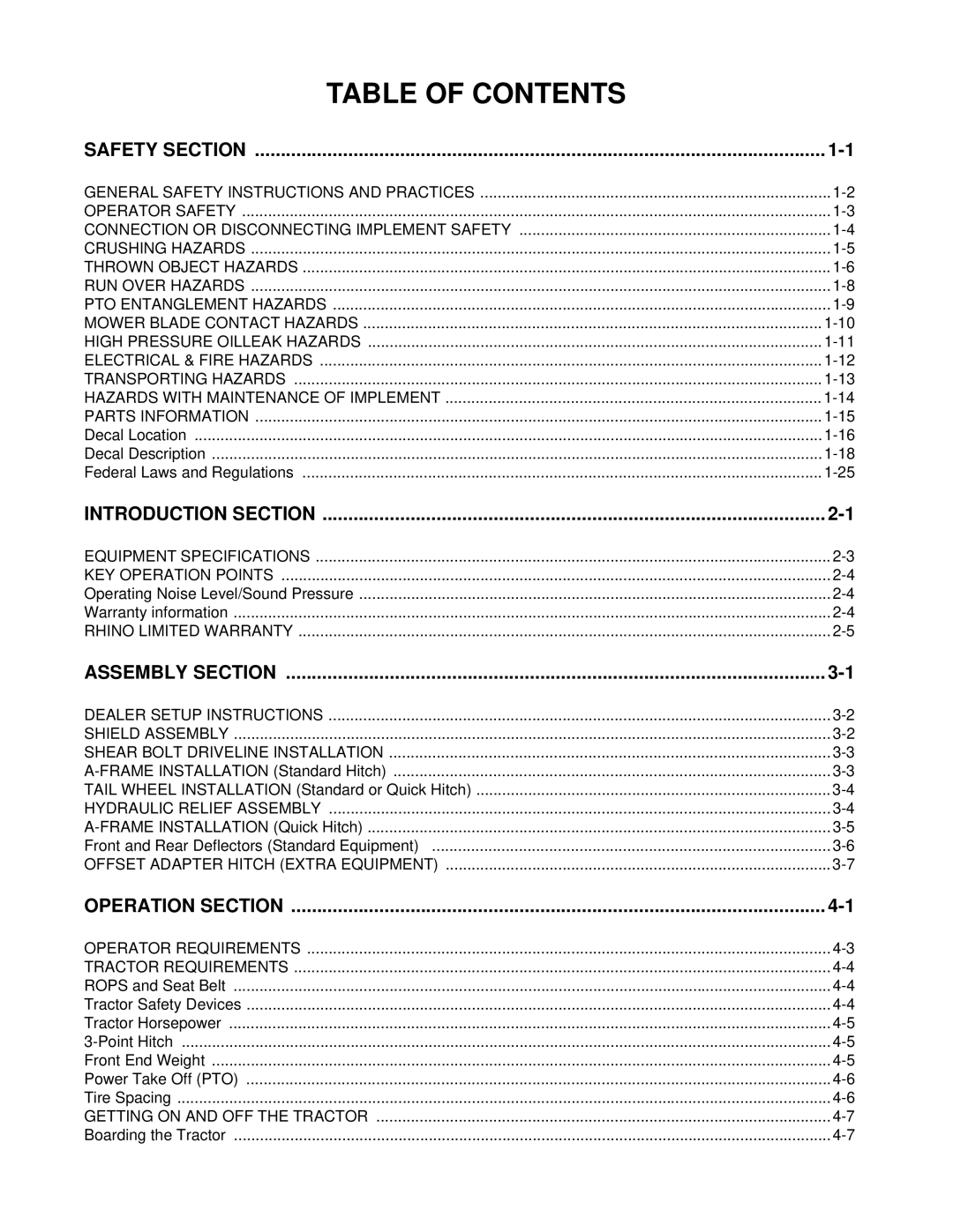 Rhino Mounts 148 manual Table of Contents 