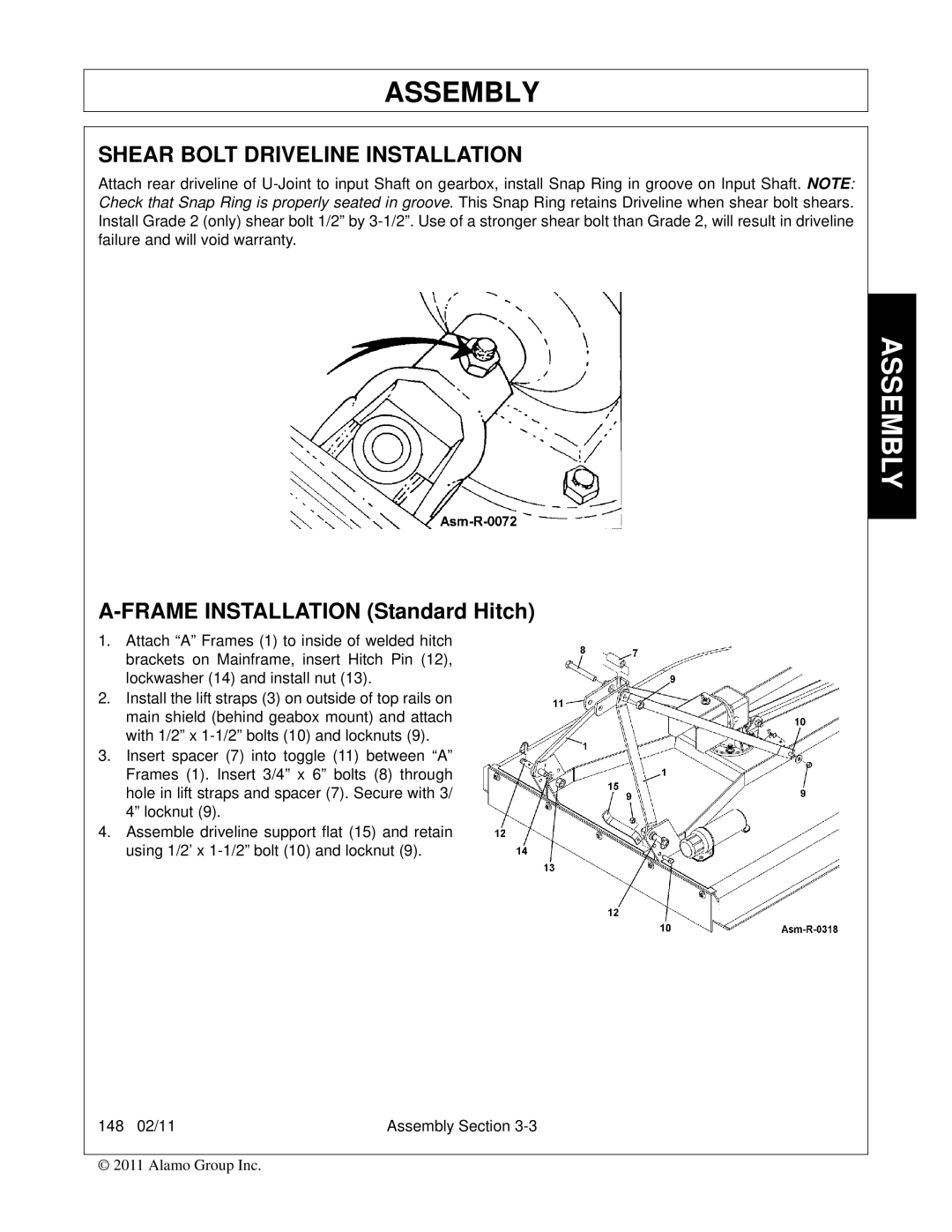 Rhino Mounts 148 manual Shear Bolt Driveline Installation, Frame Installation Standard Hitch 