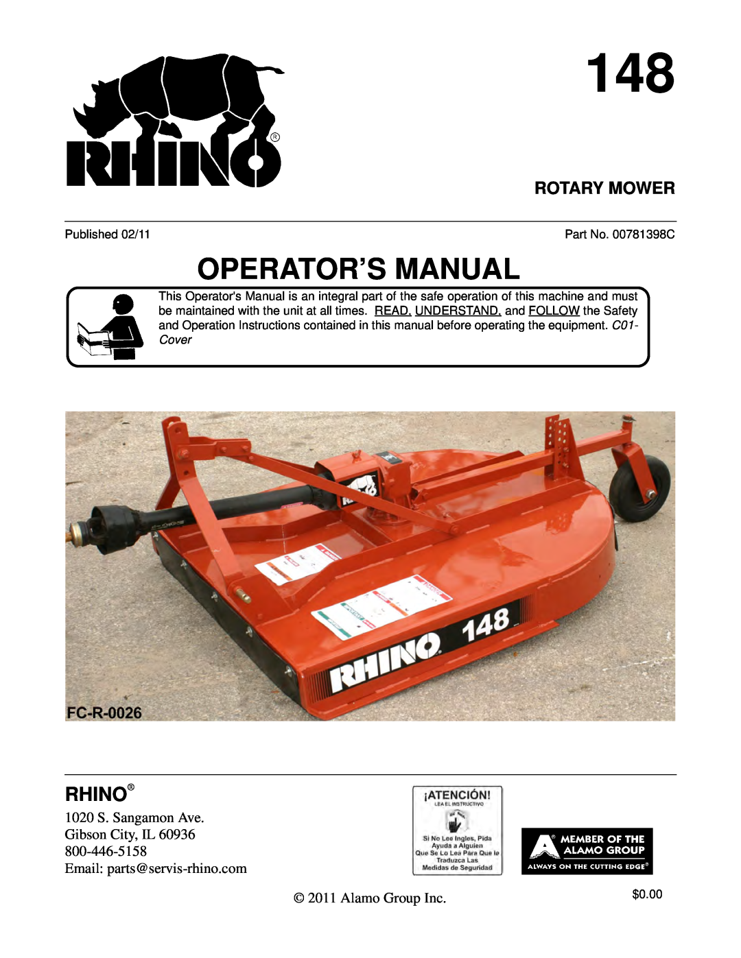Rhino Mounts 148 manual Rhino, Rotary Mower, Operator’S Manual 