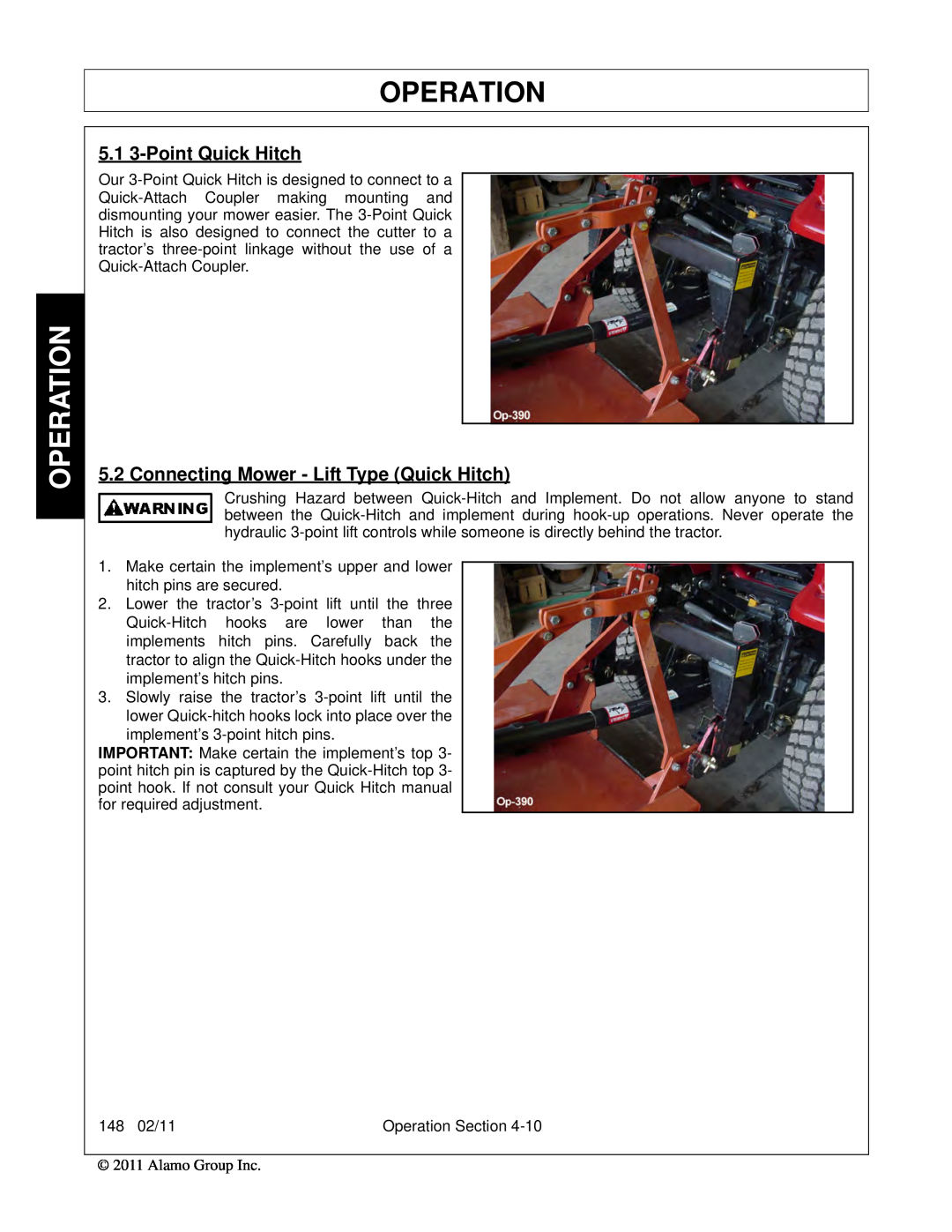 Rhino Mounts 148 manual Operation, 5.1 3-Point Quick Hitch, Connecting Mower - Lift Type Quick Hitch 