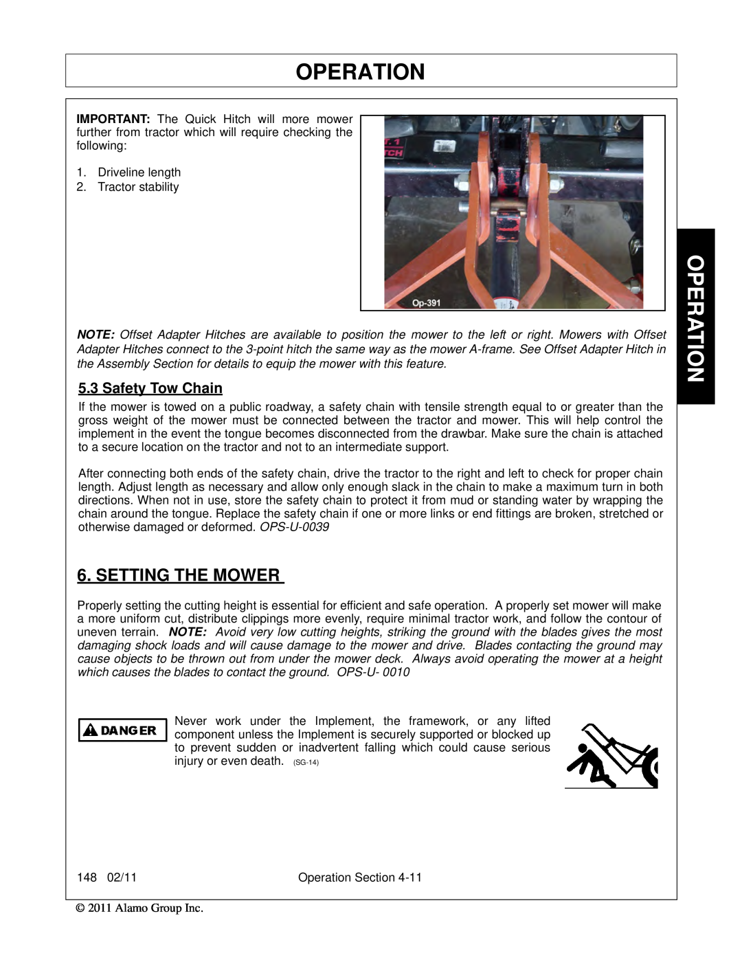 Rhino Mounts 148 manual Setting The Mower, Operation, Safety Tow Chain 