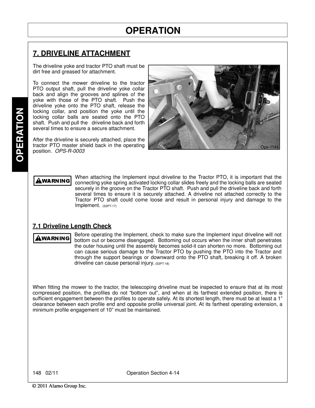 Rhino Mounts 148 manual Driveline Attachment, Operation, Driveline Length Check 
