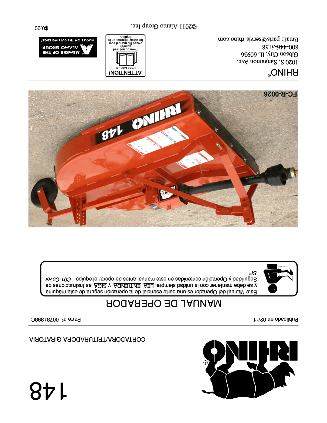 Rhino Mounts 148 manual Operador De Manual, Rhino, Giratoria Cortadora/Trituradora, 00781398C .nº Parte, 02/11 en Publicado 
