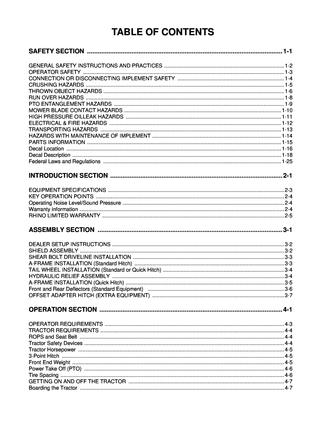 Rhino Mounts 148 manual Table Of Contents, Safety Section, Introduction Section, Assembly Section, Operation Section 