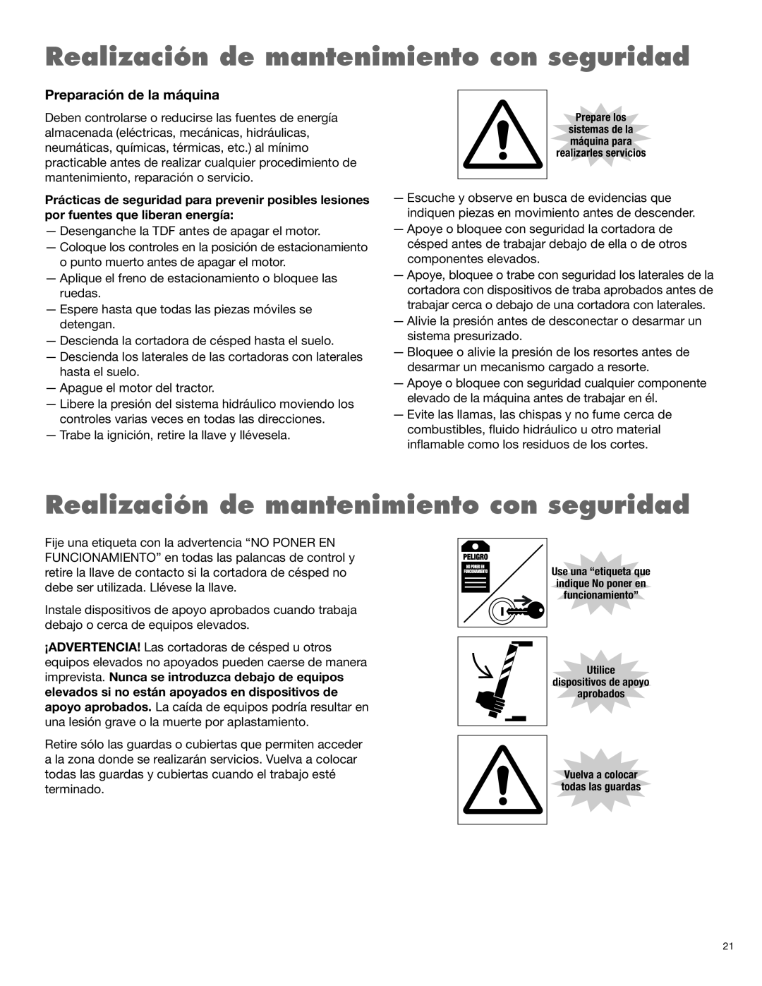 Rhino Mounts 148 manual Realización de mantenimiento con seguridad, Preparación de la máquina, Prepare los 
