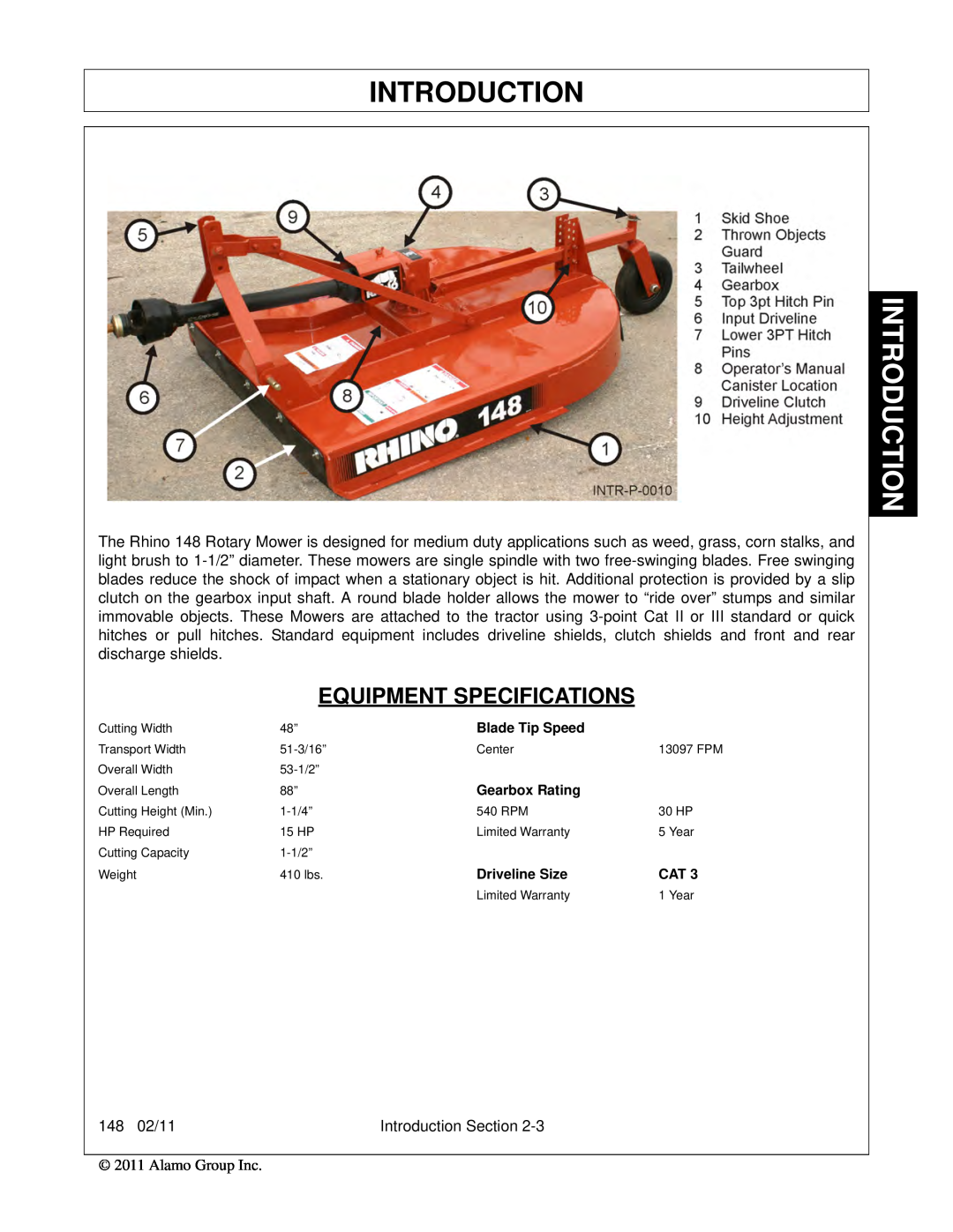 Rhino Mounts 148 manual Equipment Specifications, Introduction, Blade Tip Speed, Gearbox Rating, Driveline Size 